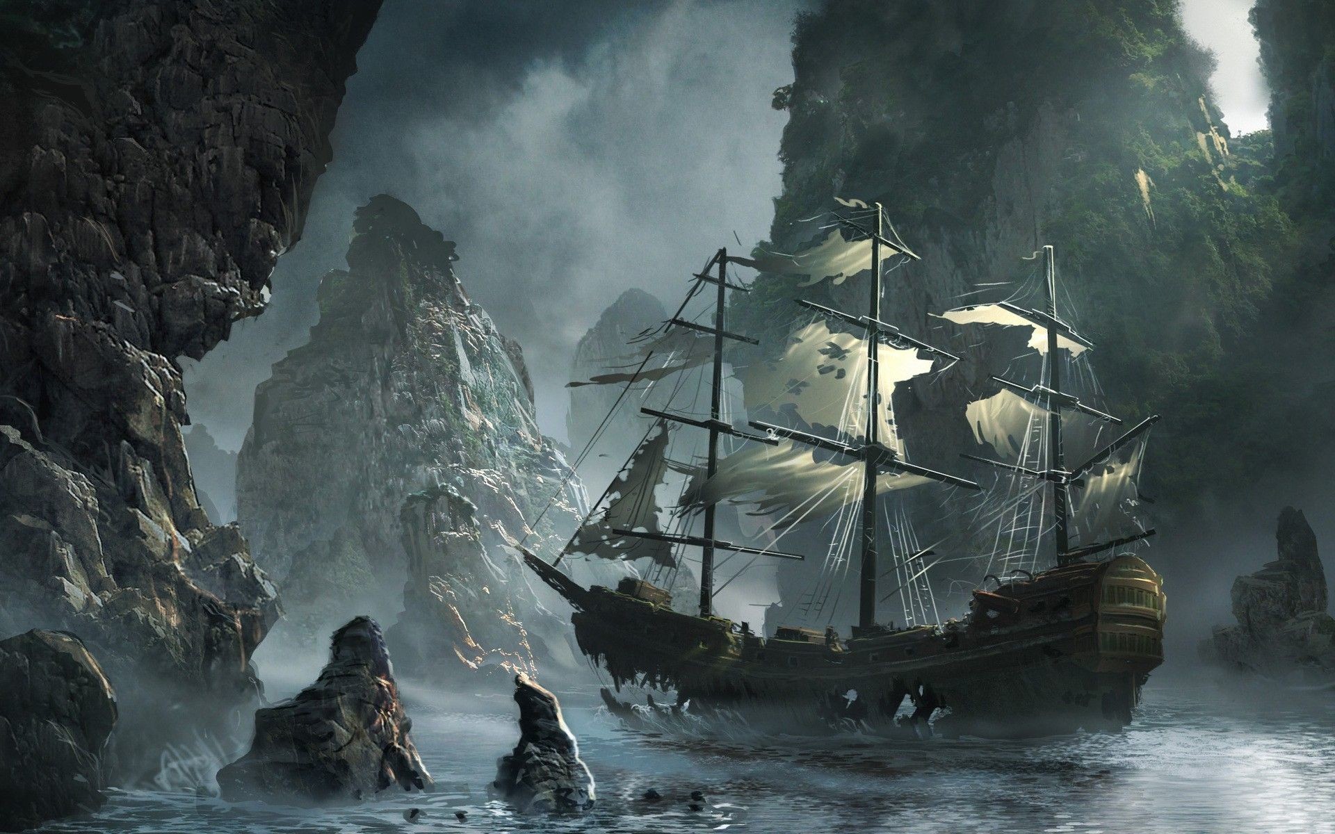 Black Sails, Nave pirata, Scogliere, Tempesta, Concept art, Full HD, sfondo Windows 11