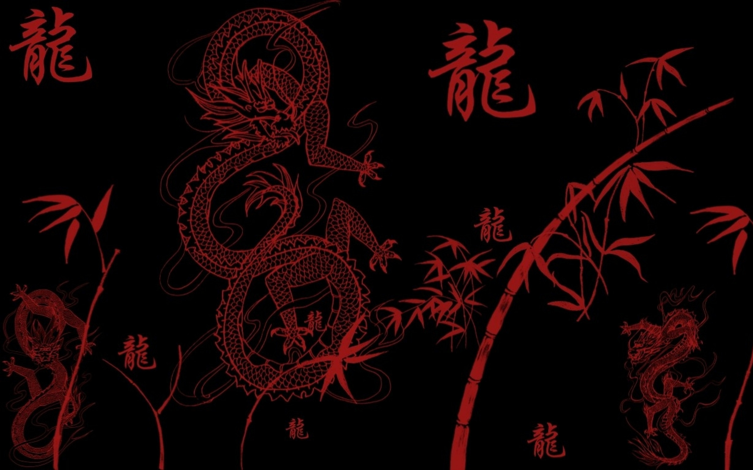 Drago, Kanji, Bambù, Rosso e nero, Motivo, 2K, wallpaper per portatile