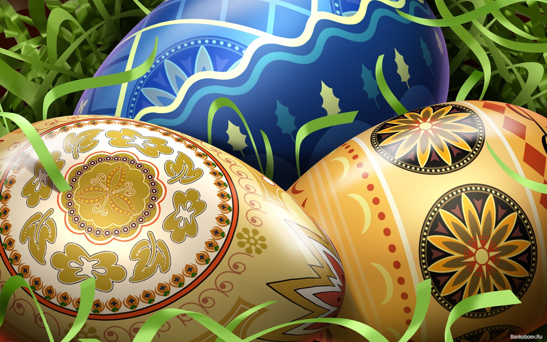 Uova di Pasqua, Uova decorate, Oro, Blu, Erba, Full HD, sfondo Windows 11