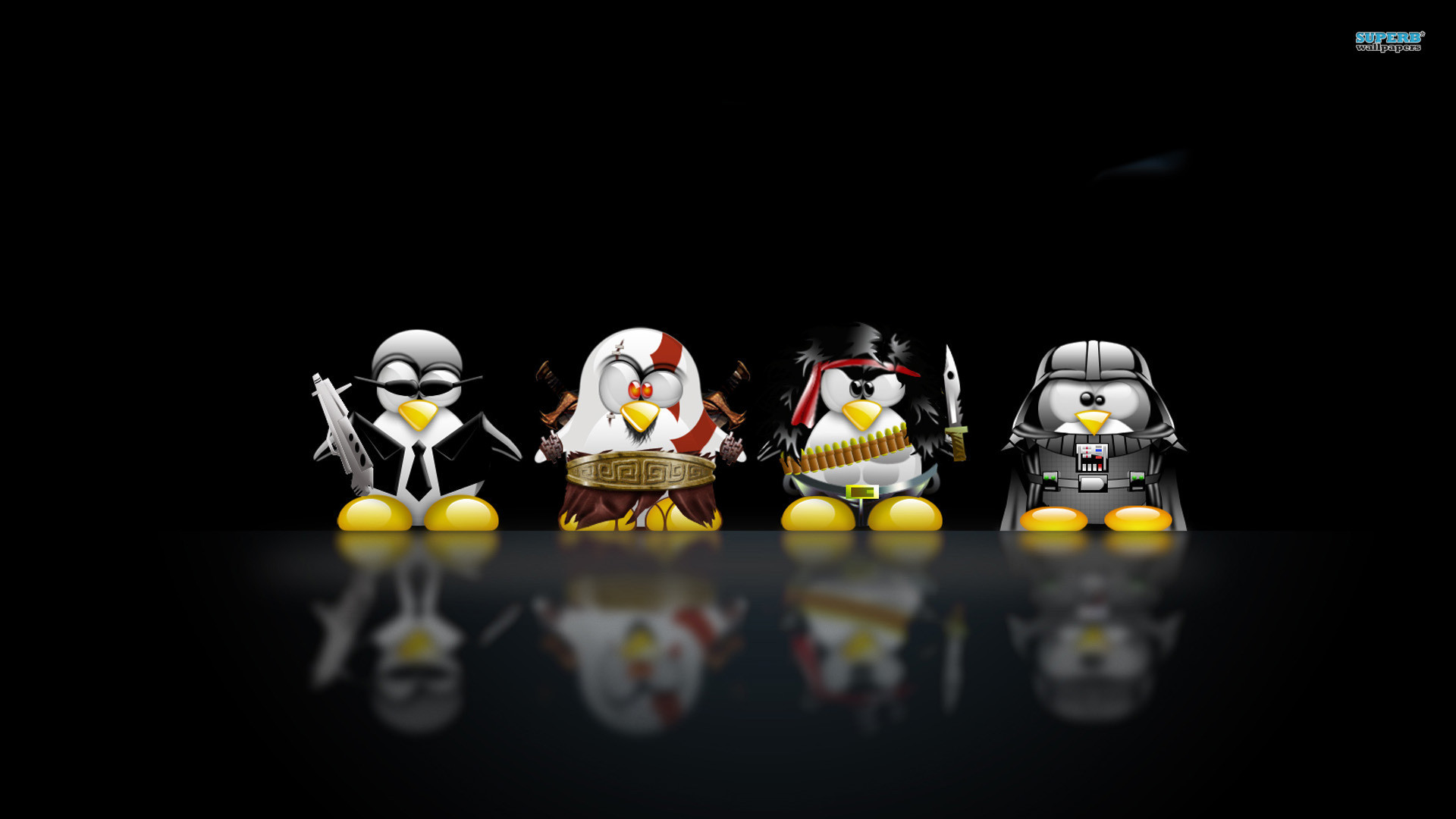 Tux, Linux, Star Wars, Kratos, Rambo, Parodia, Full HD, sfondo per PC