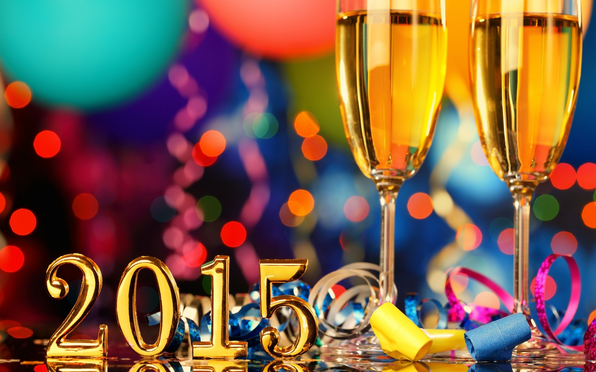 Festa, Coriandoli, Stelle filanti, Calici di spumante, Palloncini, Bokeh, sfondo 16:10 Full HD