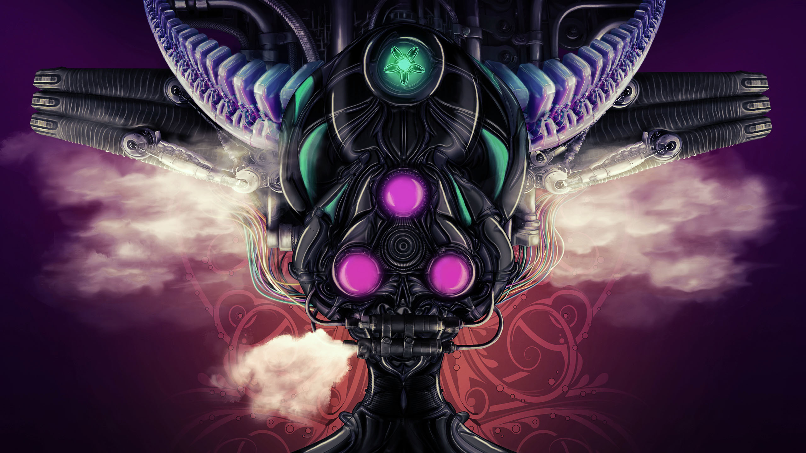 Robot, Biomeccanico, Nuvole, Arte digitale, 2560x1440, immagine di sfondo
