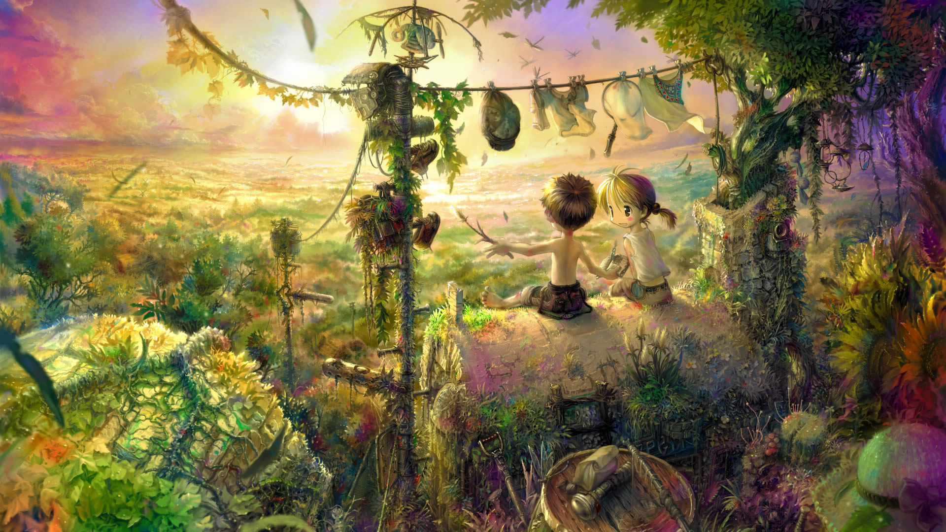 Anime, Paesaggio fantasy, Bambini, Vegetazione, Full HD, sfondo per portatile