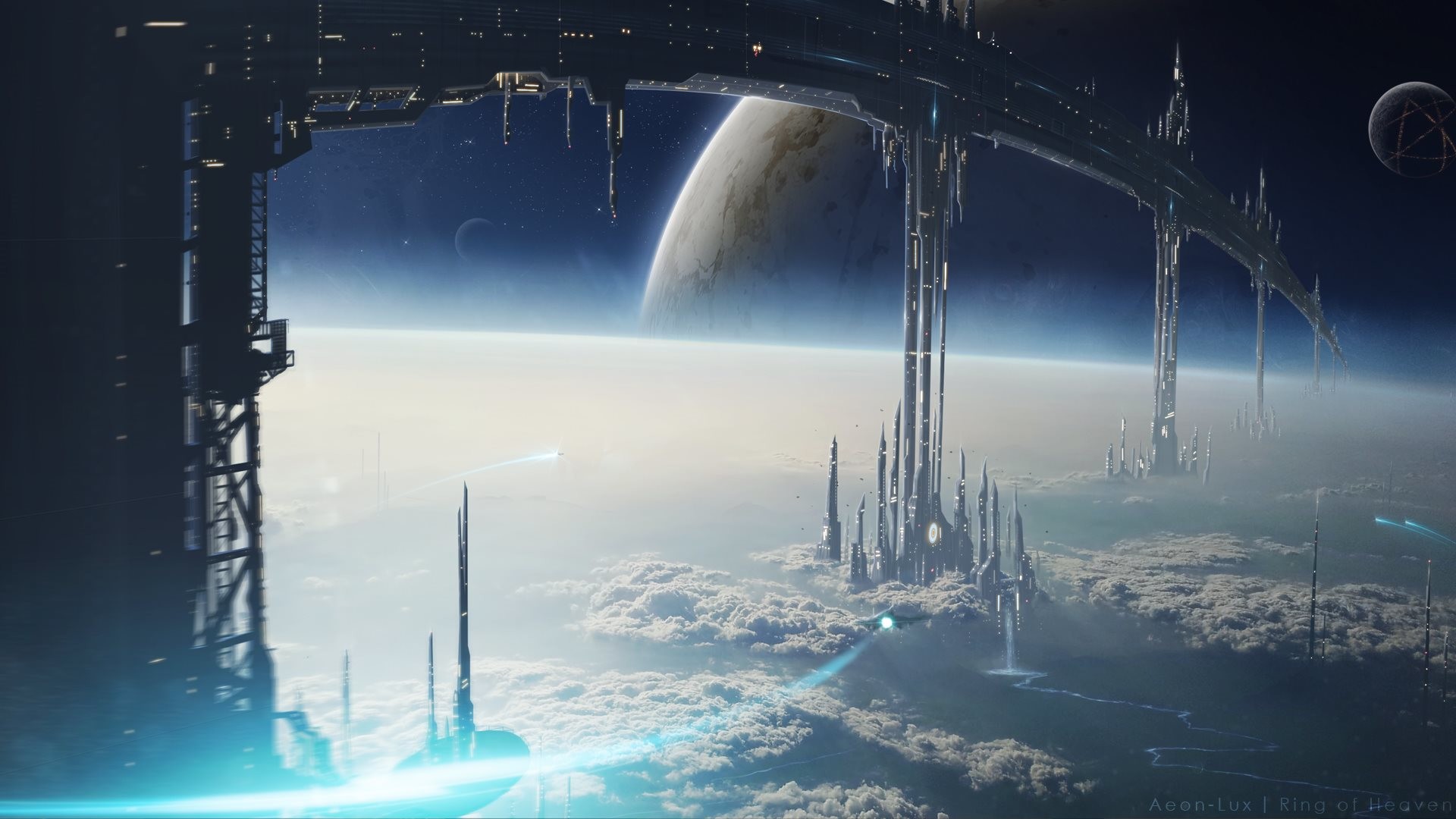 Stazione spaziale, Pianeta, Nuvole, Fantascienza, 1920x1080, immagine di sfondo