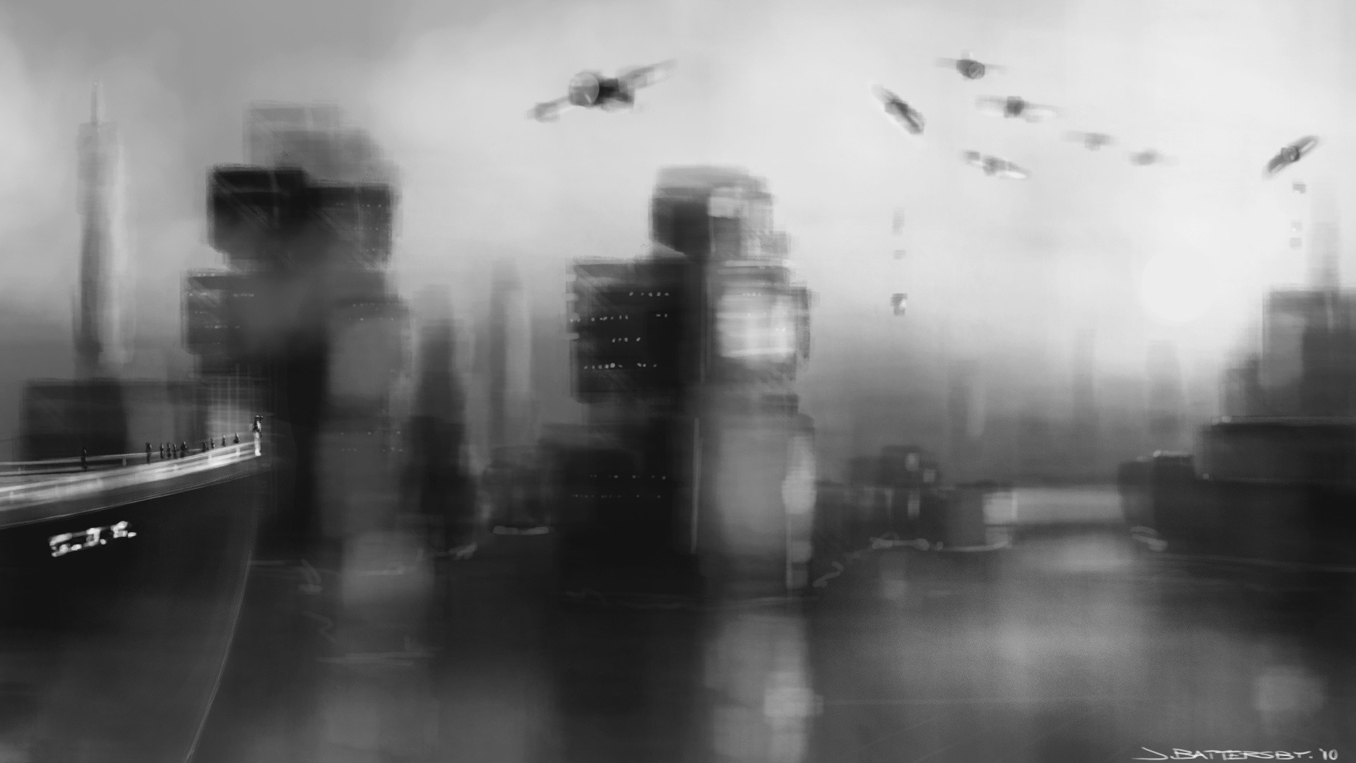 Città nella nebbia, Gabbiani, Nave, Bianco e nero, Sfocato, Full HD, sfondo per PC