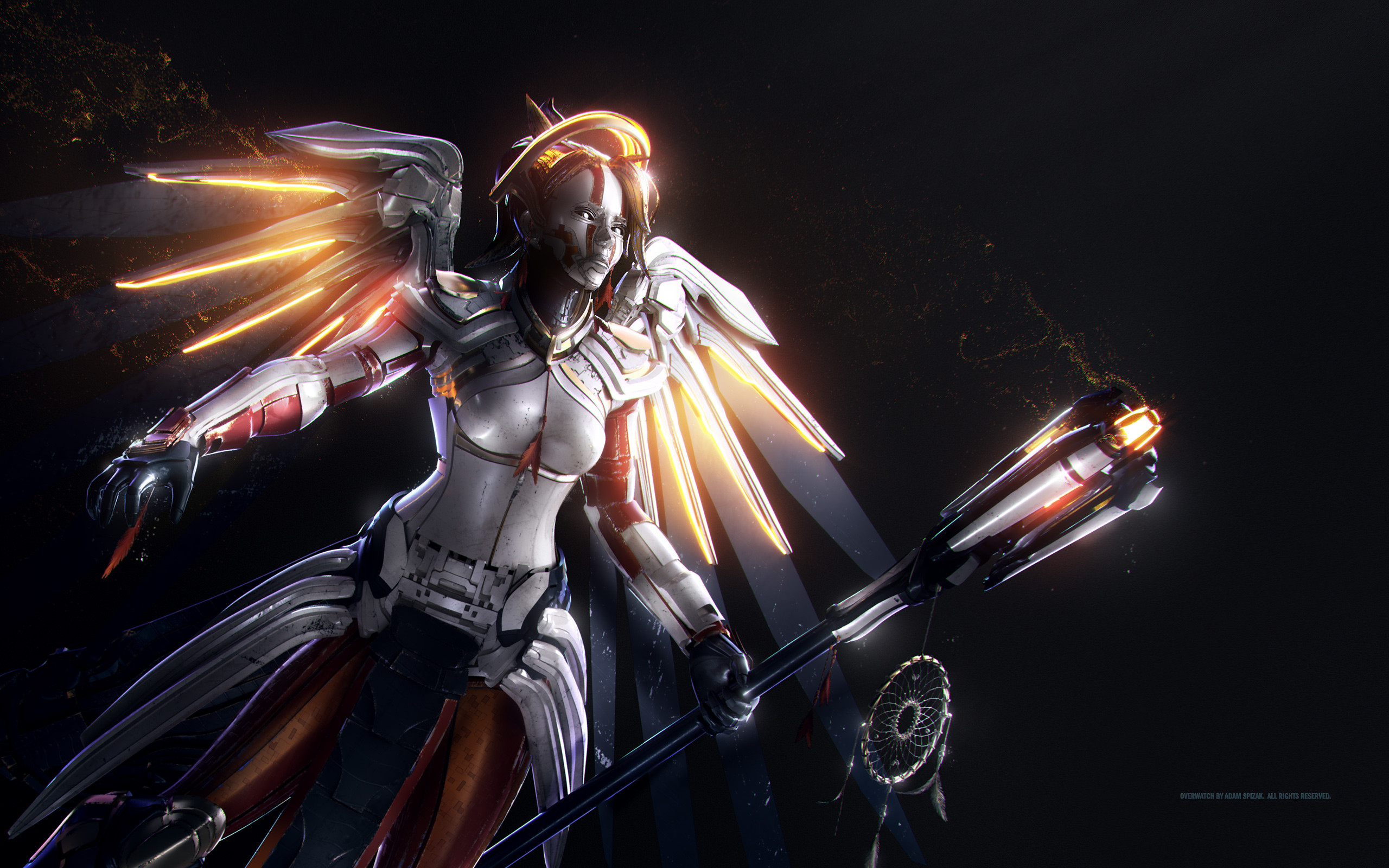 Mercy, Overwatch, Ali luminose, Bastone, Sfondo scuro, 16:10 2K, wallpaper widescreen