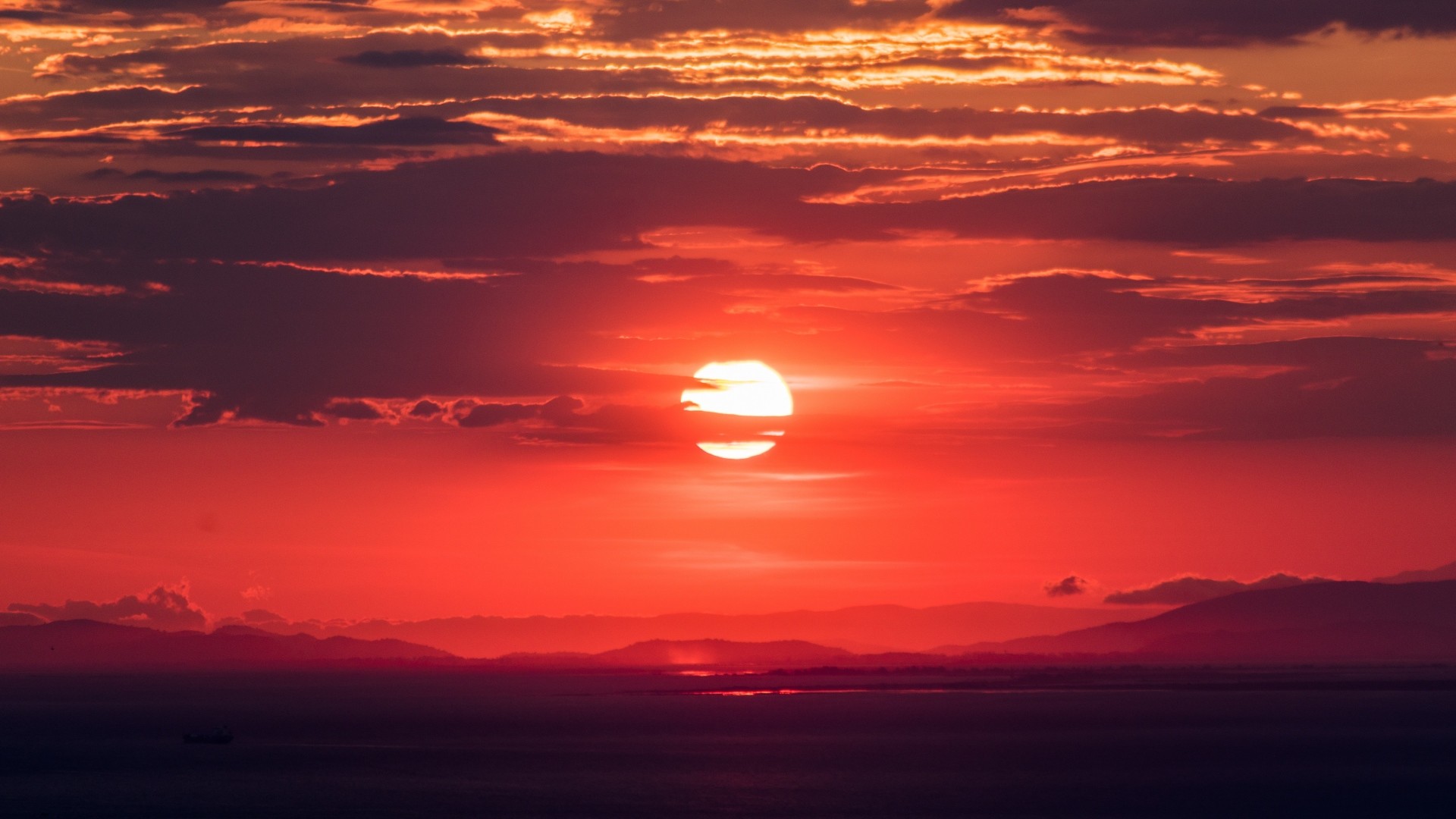 Sole, Tramonto, Cielo rosso, Nuvole, 1920x1080, sfondo per PC