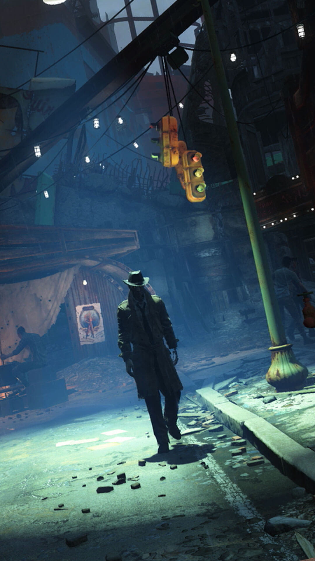 Fallout 4, Diamond City, Notte, Strada, sfondo per iPhone e Android
