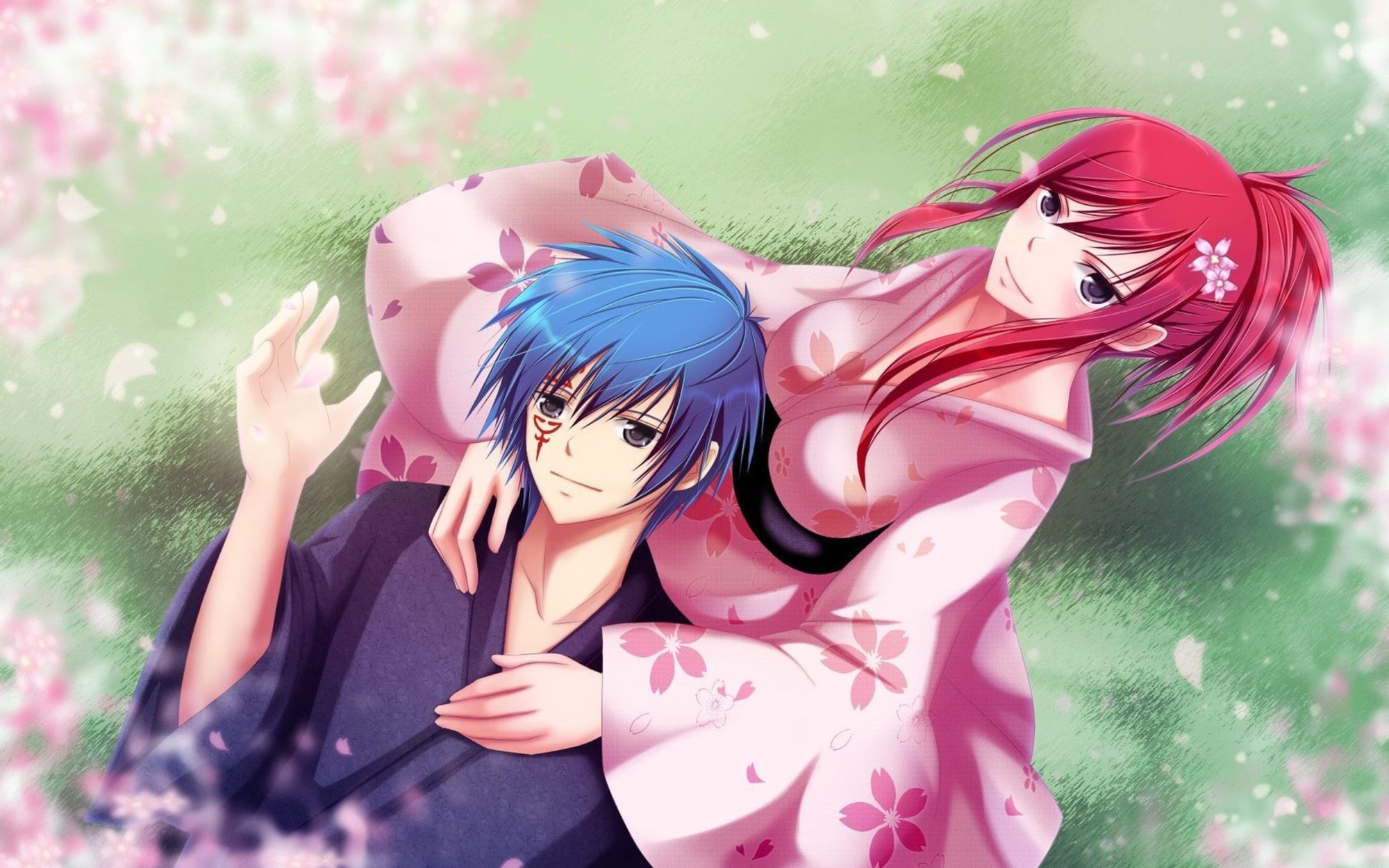 Jellal Fernandes, Erza Scarlet, Fairy Tail, Kimono, Fiori di ciliegio, sfondo widescreen Full HD