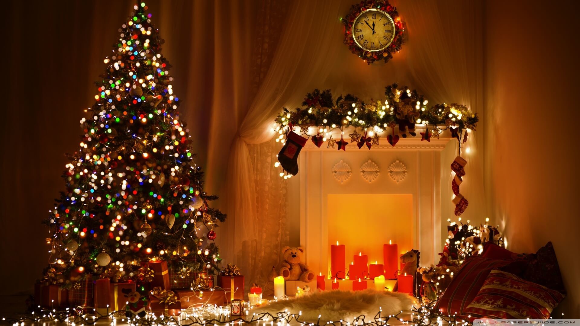 Natale, Albero di Natale, Camino, Orologio, Candele, Full HD, sfondo desktop