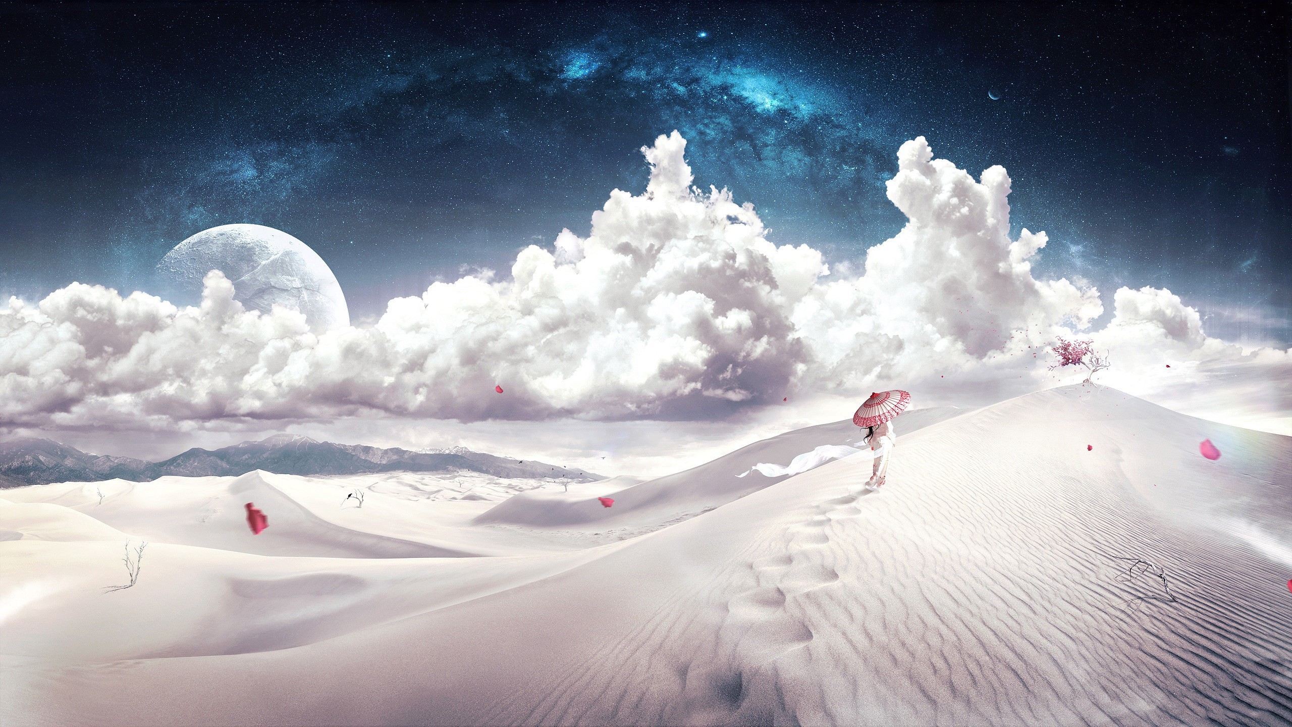 Deserto bianco, Pianeta, Nuvole, Surreale, 2K, wallpaper per computer