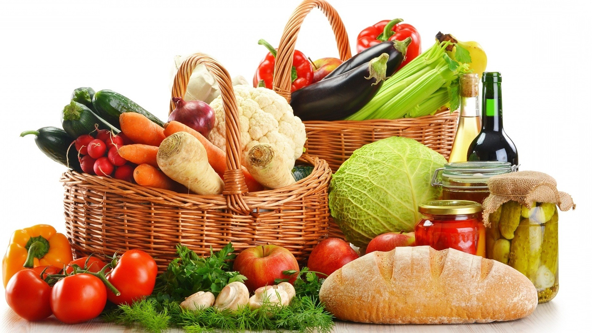 Cesto di verdure, Pane, Cavolfiore, Pomodori, Sottaceti, Full HD, wallpaper per computer