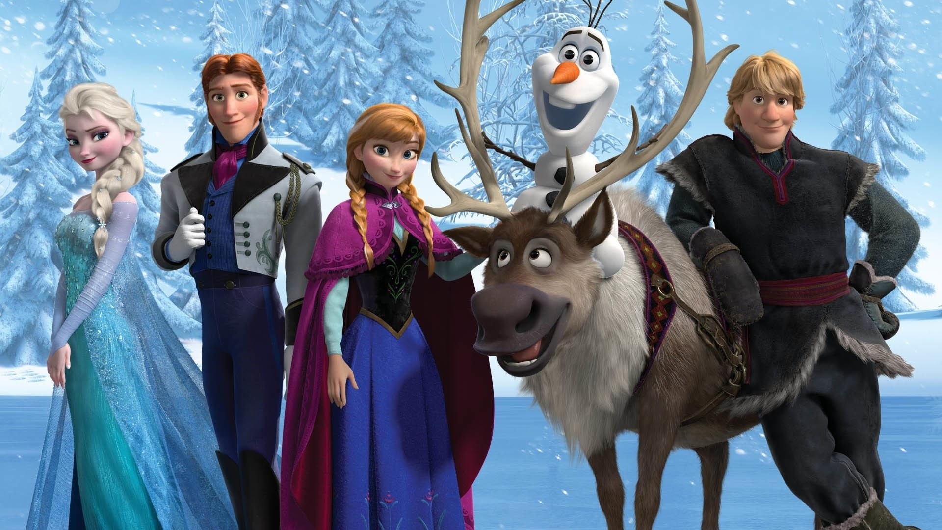 Elsa, Hans, Anna, Olaf, Sven, Kristoff, Frozen - Il regno di ghiaccio, Foresta innevata, sfondo 1080p