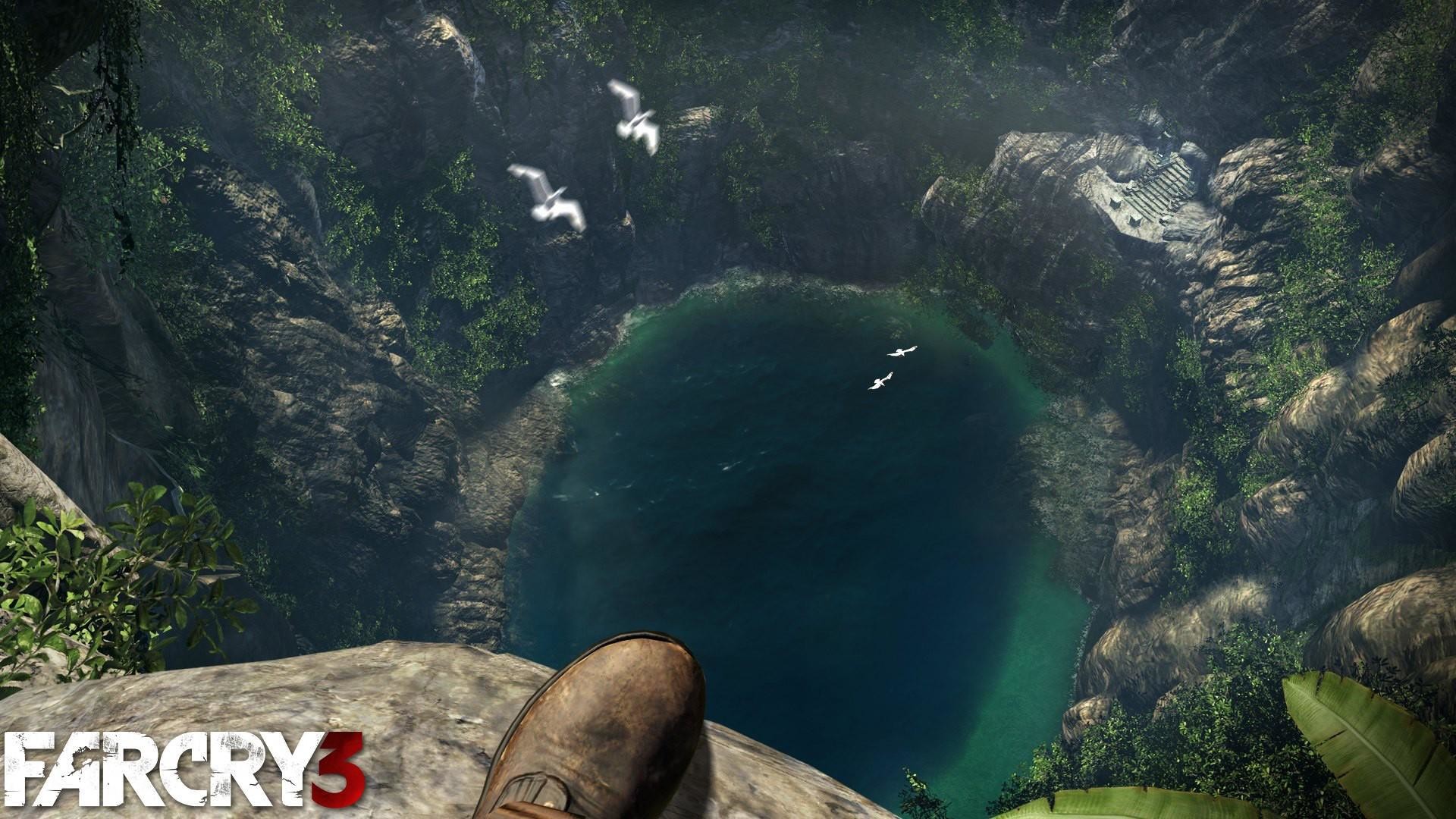 Far Cry 3, Grotta, Lago, Gabbiani, Logo, Full HD, sfondo desktop