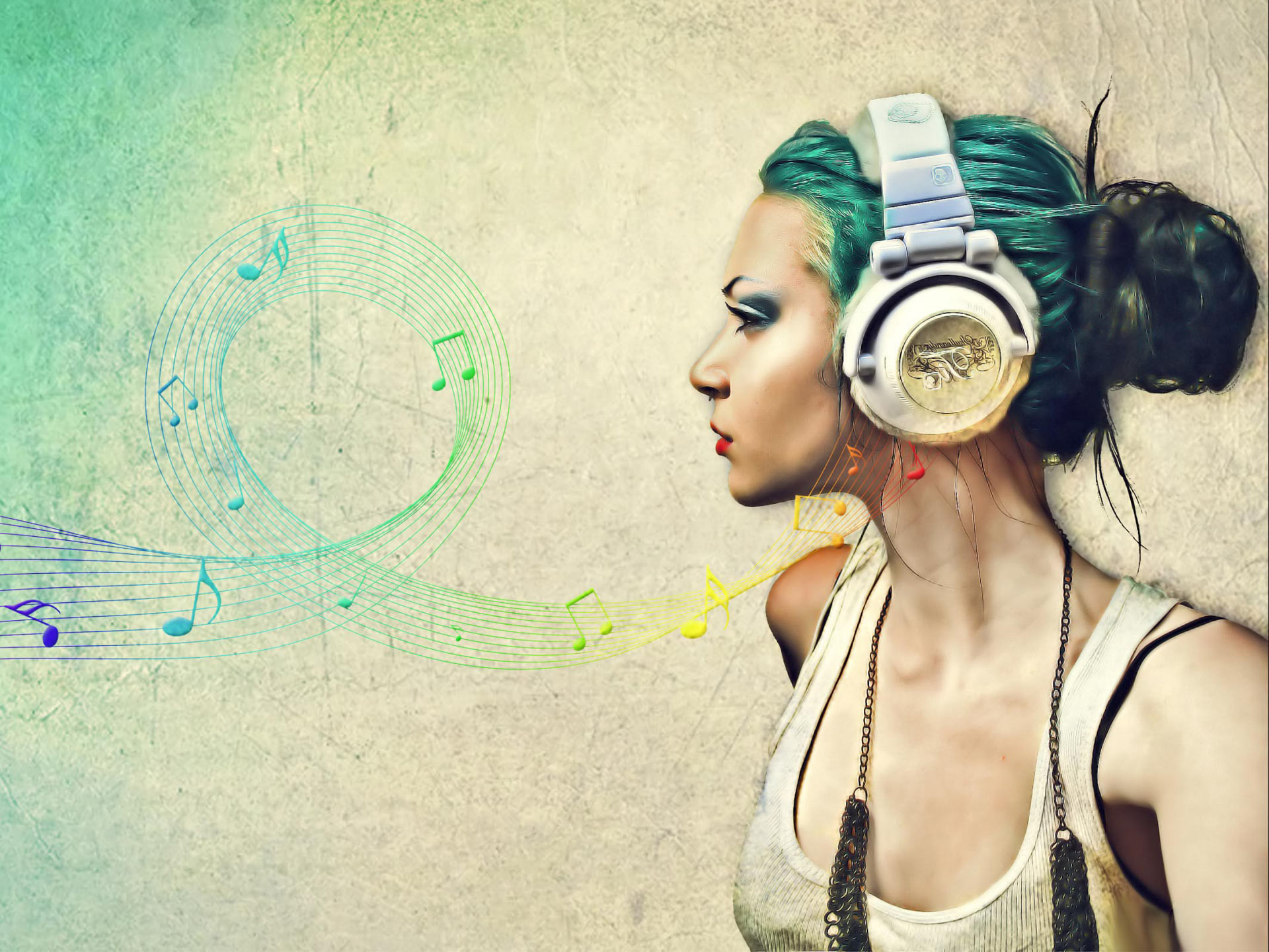 Ragazza, Cuffie, Note musicali, Capelli verdi, sfondo per iPad e tablet