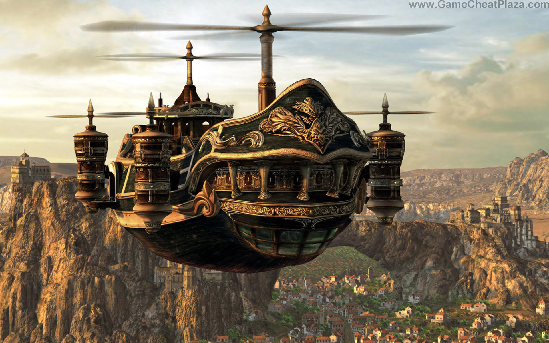 Nave volante, Eliche, Canyon, Steampunk, Full HD, wallpaper per PC