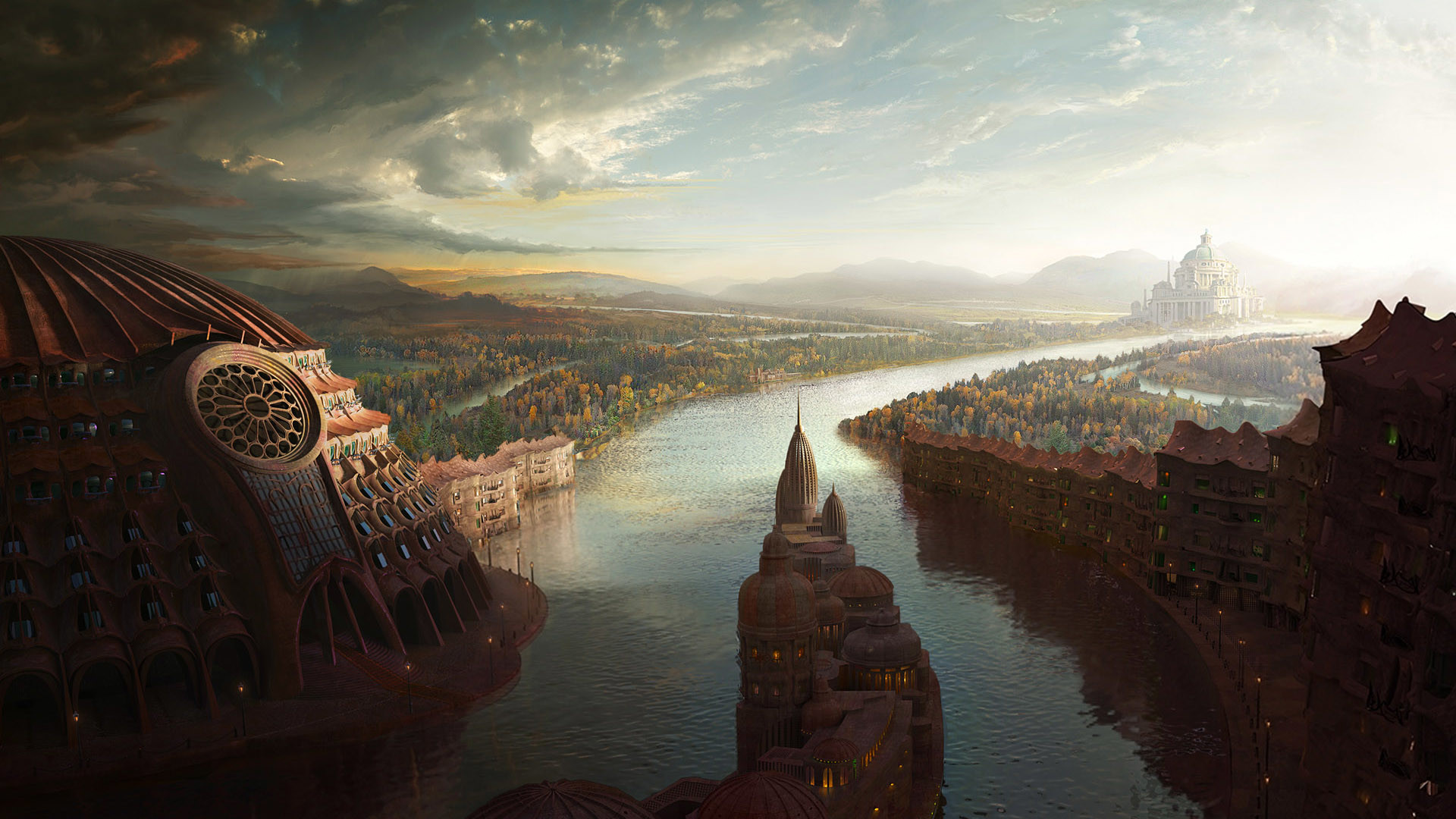 Città fantasy, Fiume, Arte digitale, Full HD, sfondo desktop