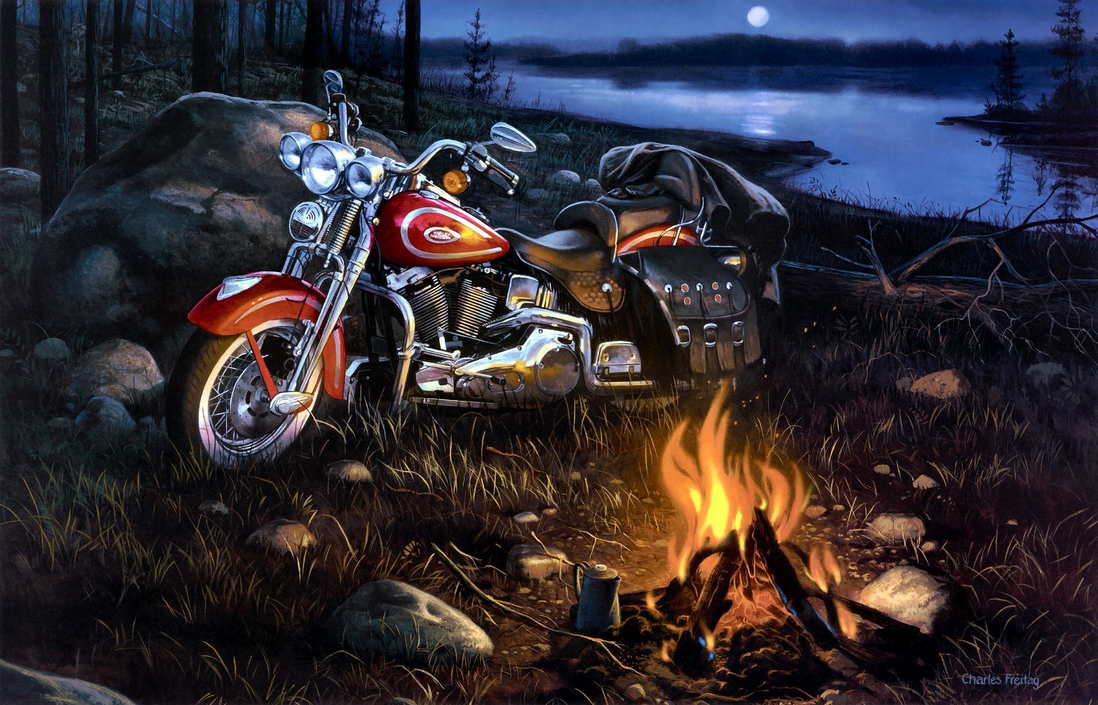 Harley-Davidson, Falò, Campeggio, Notte, Lago, Pittura, Full HD, sfondo per PC