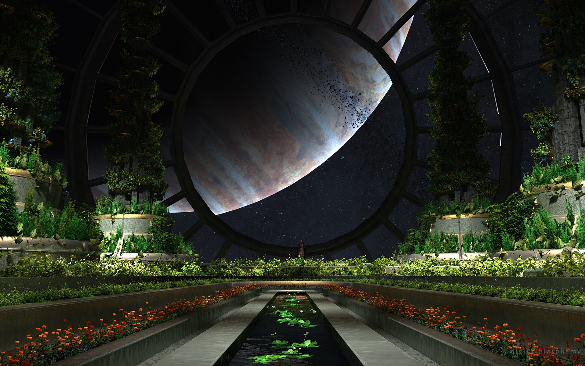 Pianeta, Giardino, Stazione spaziale, Fantascienza, Oblò, Full HD, sfondo per portatile