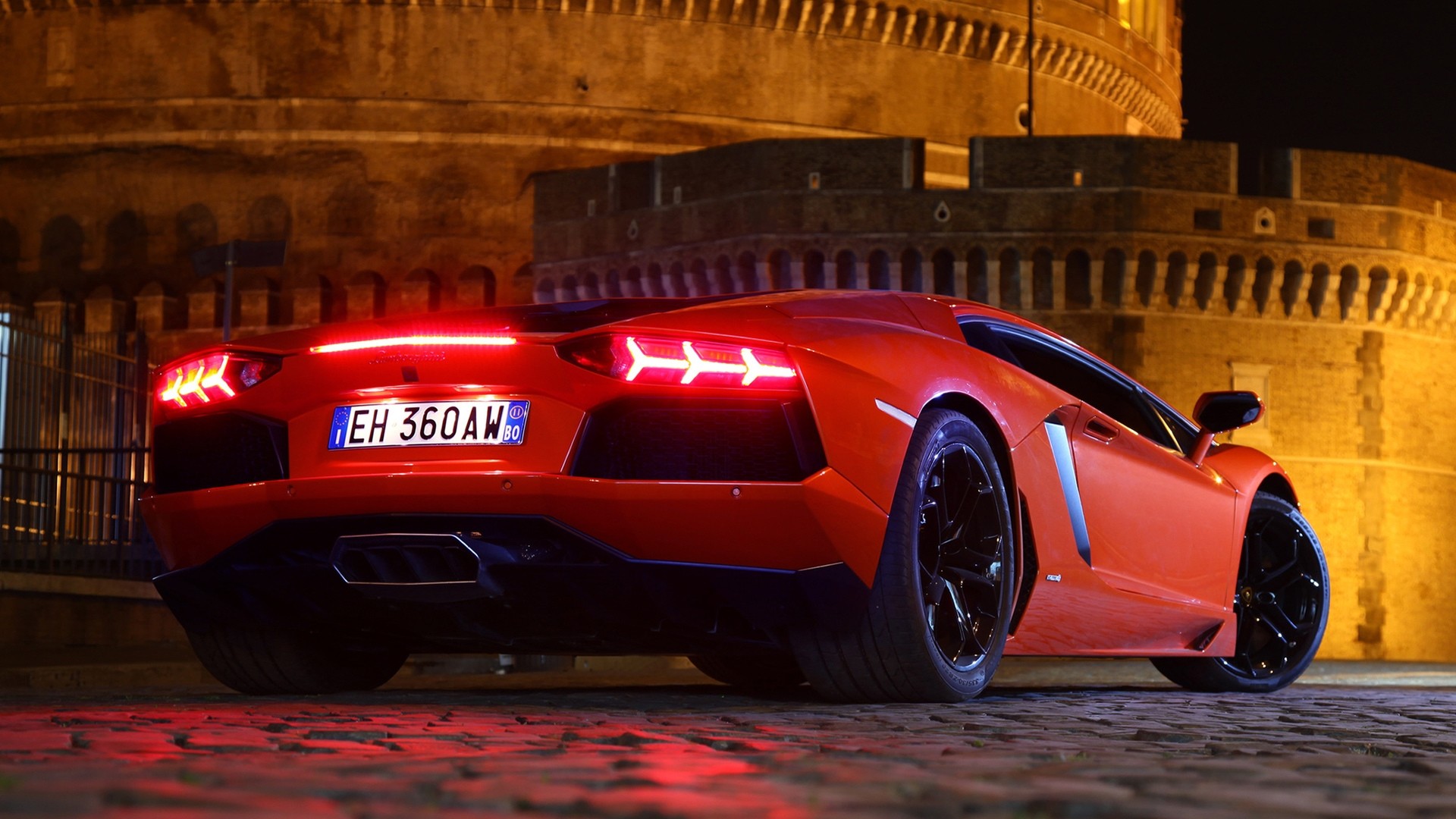 Lamborghini Aventador, Castel Sant'Angelo, Roma, Notte, Fari posteriori, sfondo 1920x1080 per PC