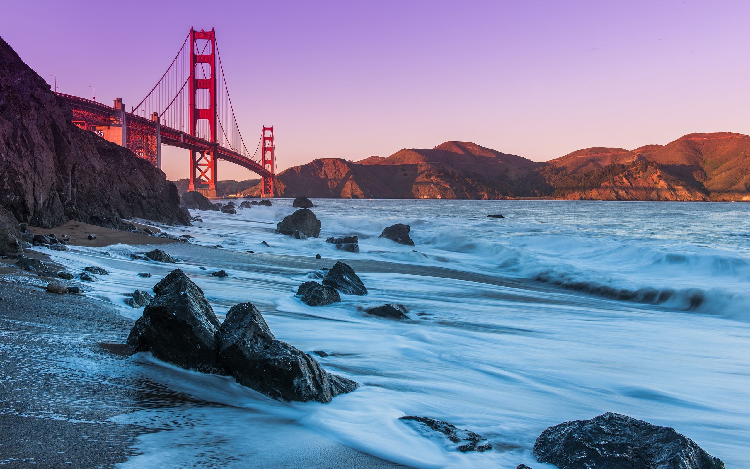 Golden Gate Bridge, Marshall's Beach, Scogli, Lunga esposizione, sfondo 16:10 2K