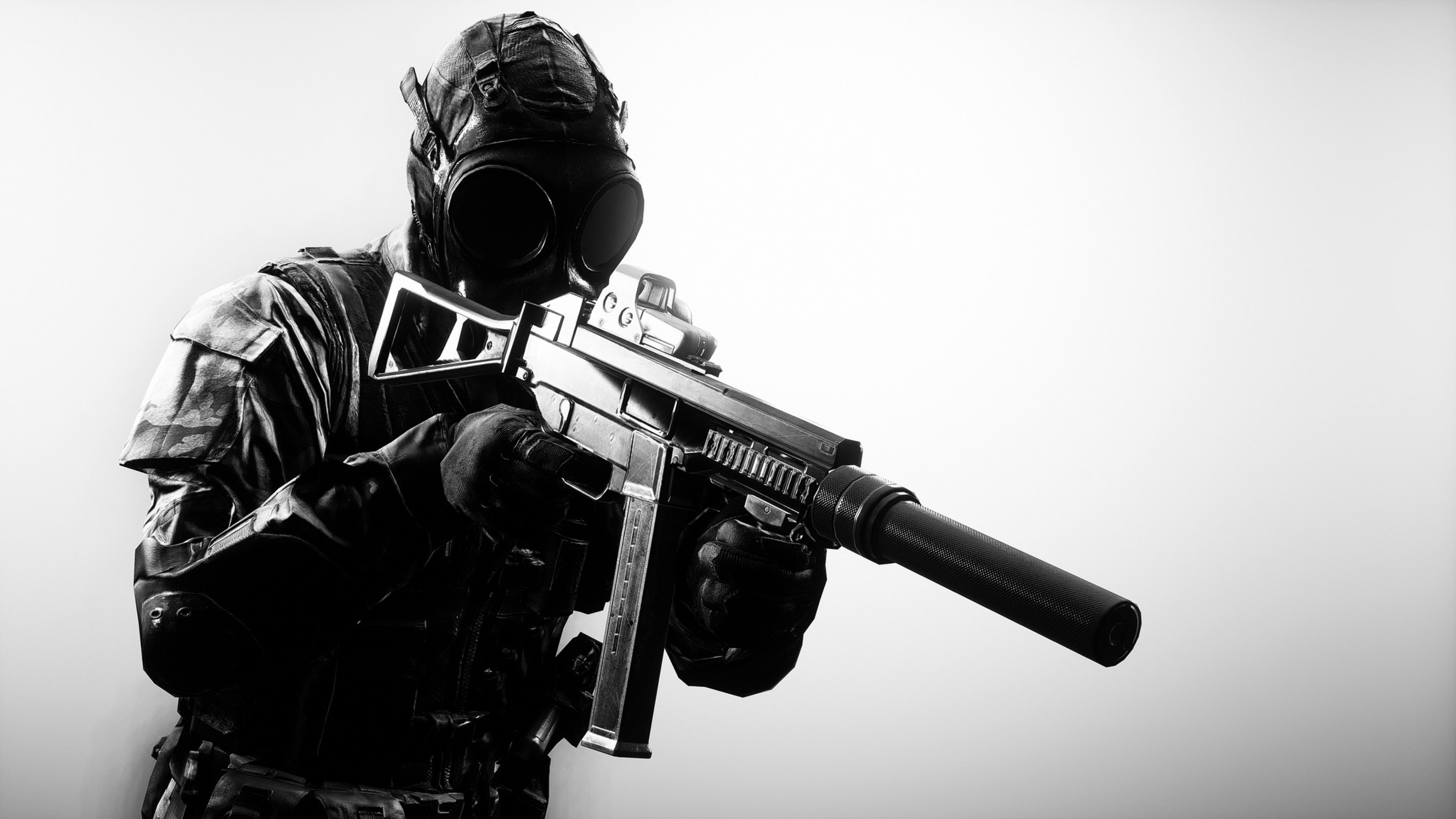Soldato, Maschera antigas, Mitra, Bianco e nero, 16:9 4K, sfondo widescreen