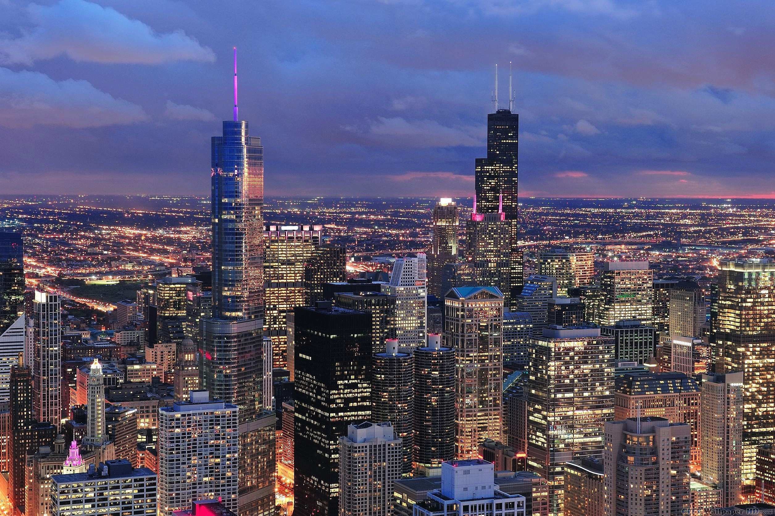 Chicago, Willis Tower, Skyline, Crepuscolo, Full HD, sfondo per portatile