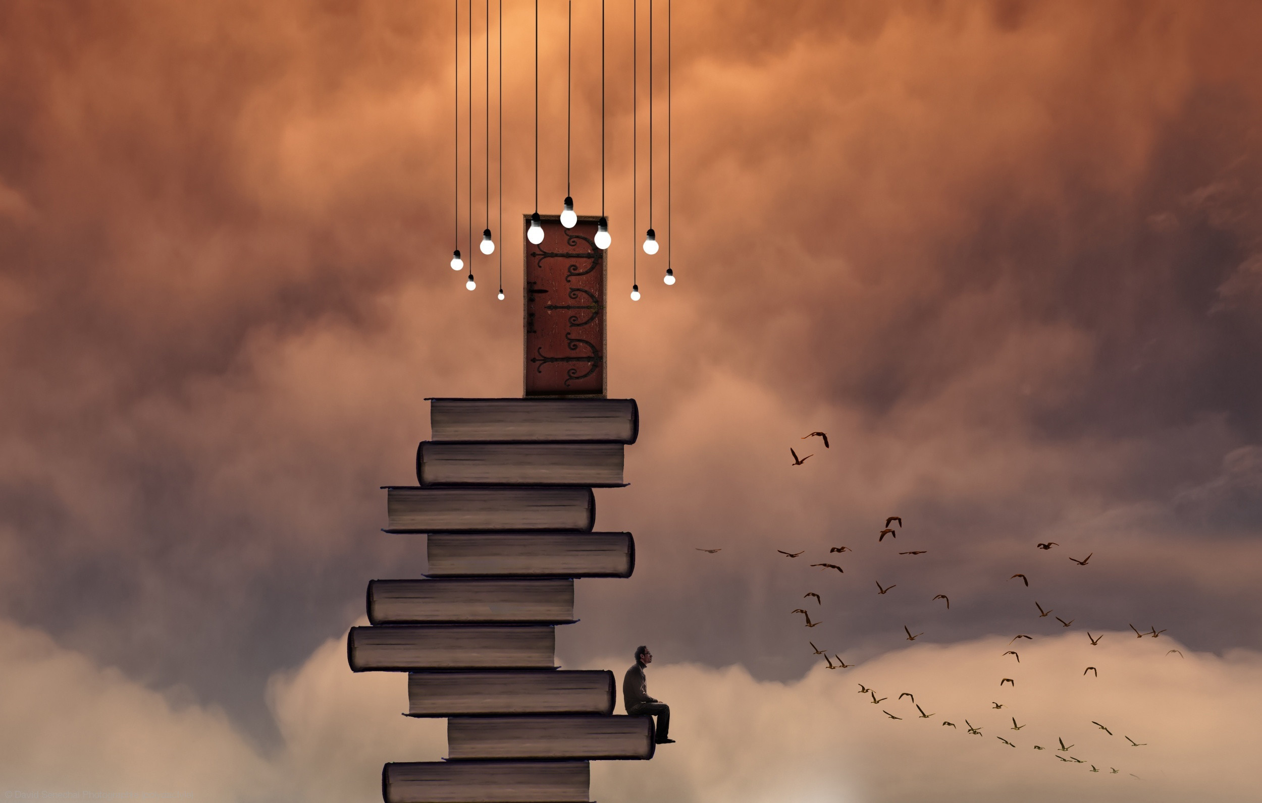 Scala di libri, Porta, Nuvole, Surreale, Full HD, sfondo per PC