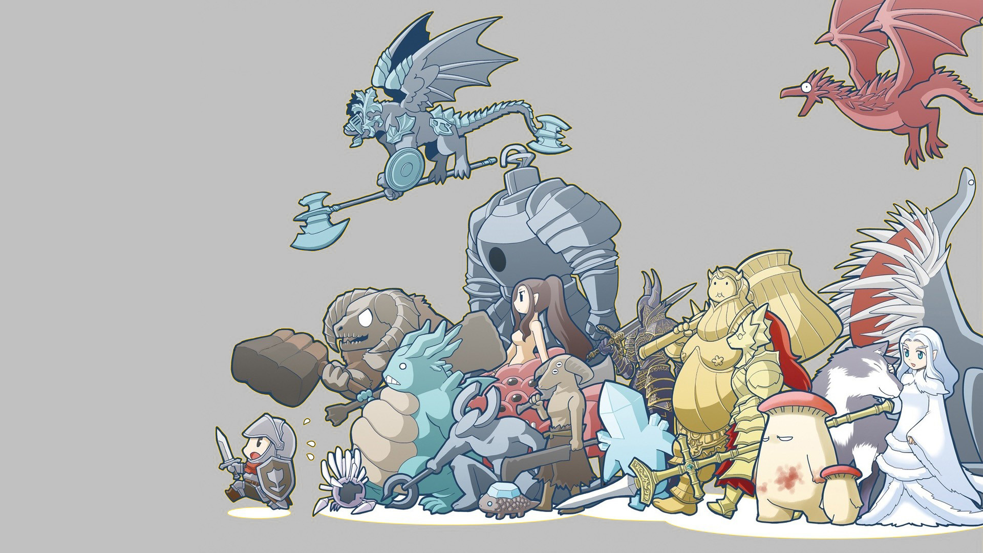 Dark Souls, Boss, Chibi, Cartone animato, Sfondo grigio, Full HD, wallpaper per computer
