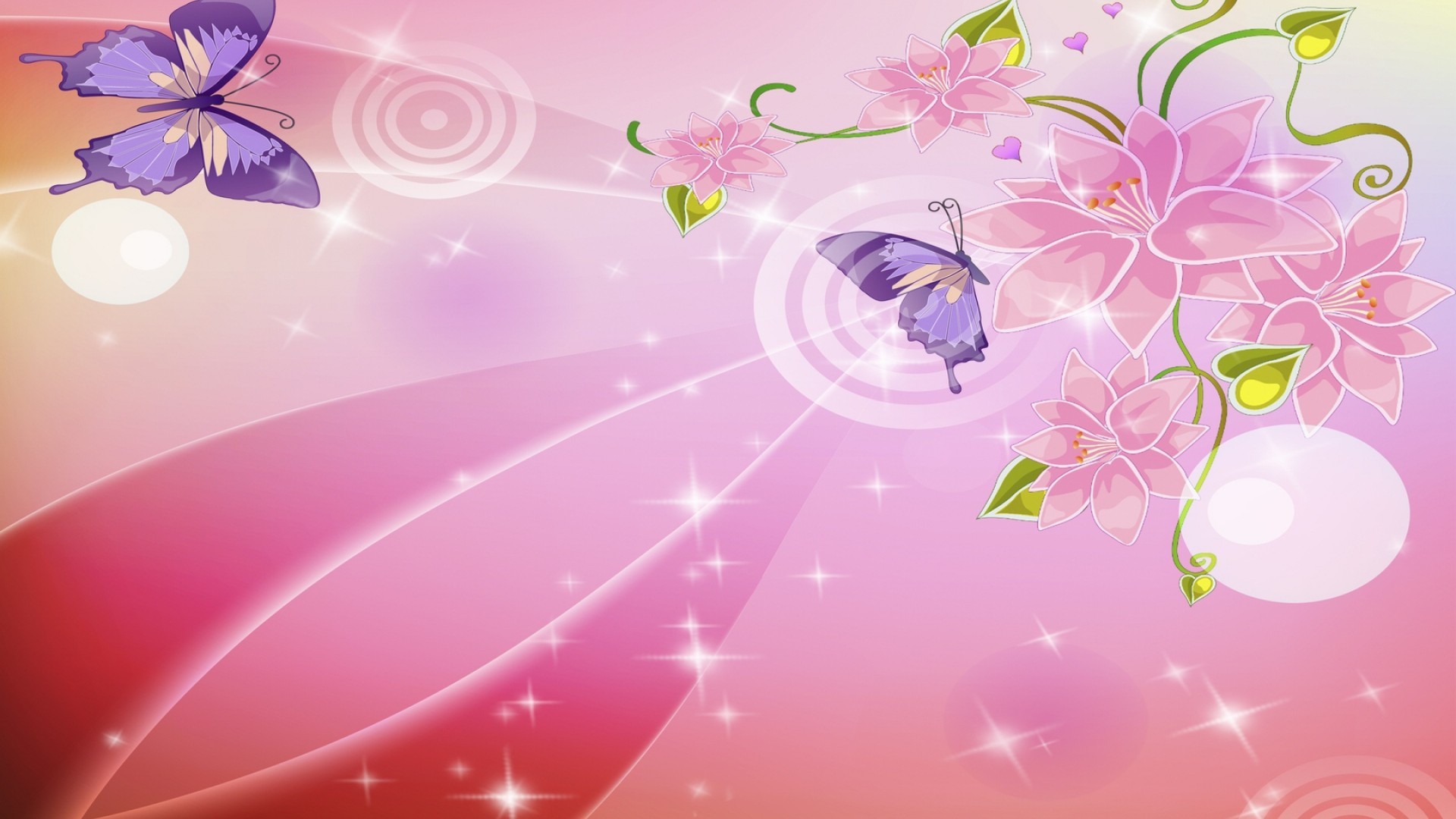 Farfalle, Fiori, Rosa, Arte digitale, 16:9 Full HD, sfondo widescreen