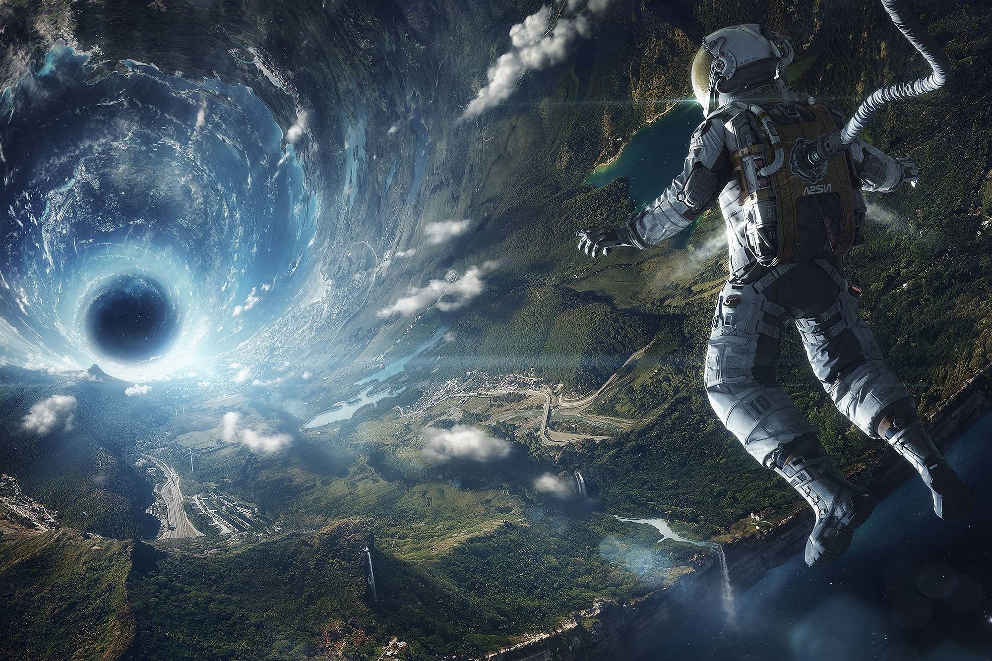 Buco nero, Astronauta, Paesaggio, Surreale, Vortice, Full HD, wallpaper per PC