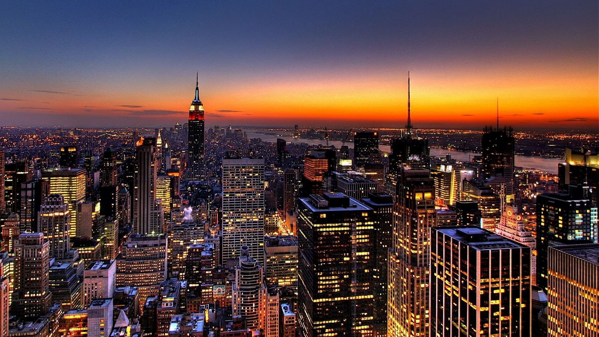 Empire State Building, Manhattan, New York, Notte, Tramonto, Full HD, sfondo per PC e portatile