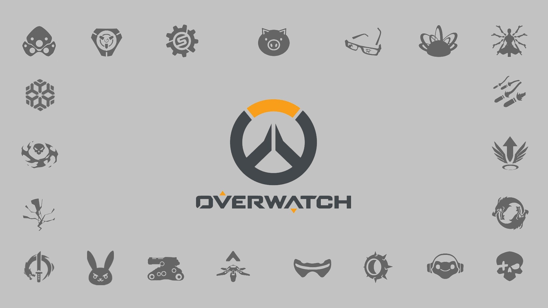Overwatch, Logo, Icone degli eroi, Sfondo grigio, Full HD, wallpaper per portatile