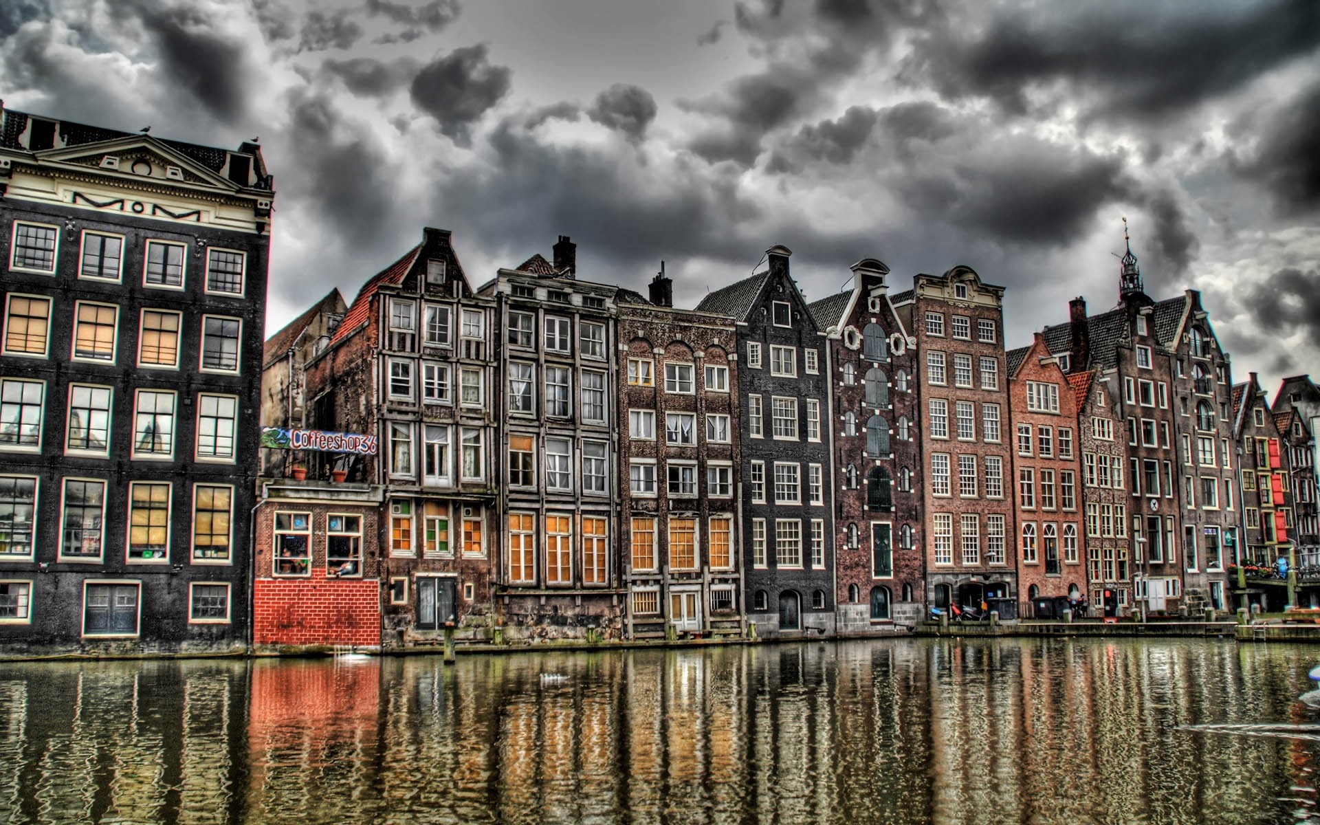 Amsterdam, Damrak, Case danzanti, HDR, Nuvole drammatiche, 1920x1200, sfondo per PC