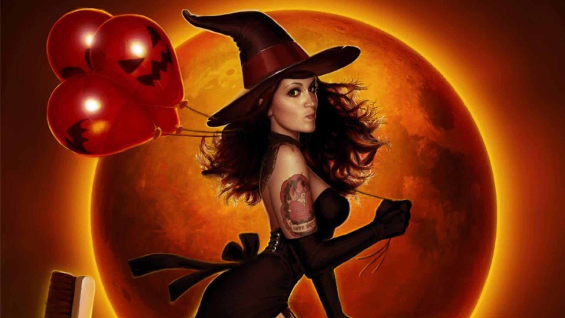 Strega, Palloncini, Luna rossa, Pin-up, Full HD, sfondo per PC