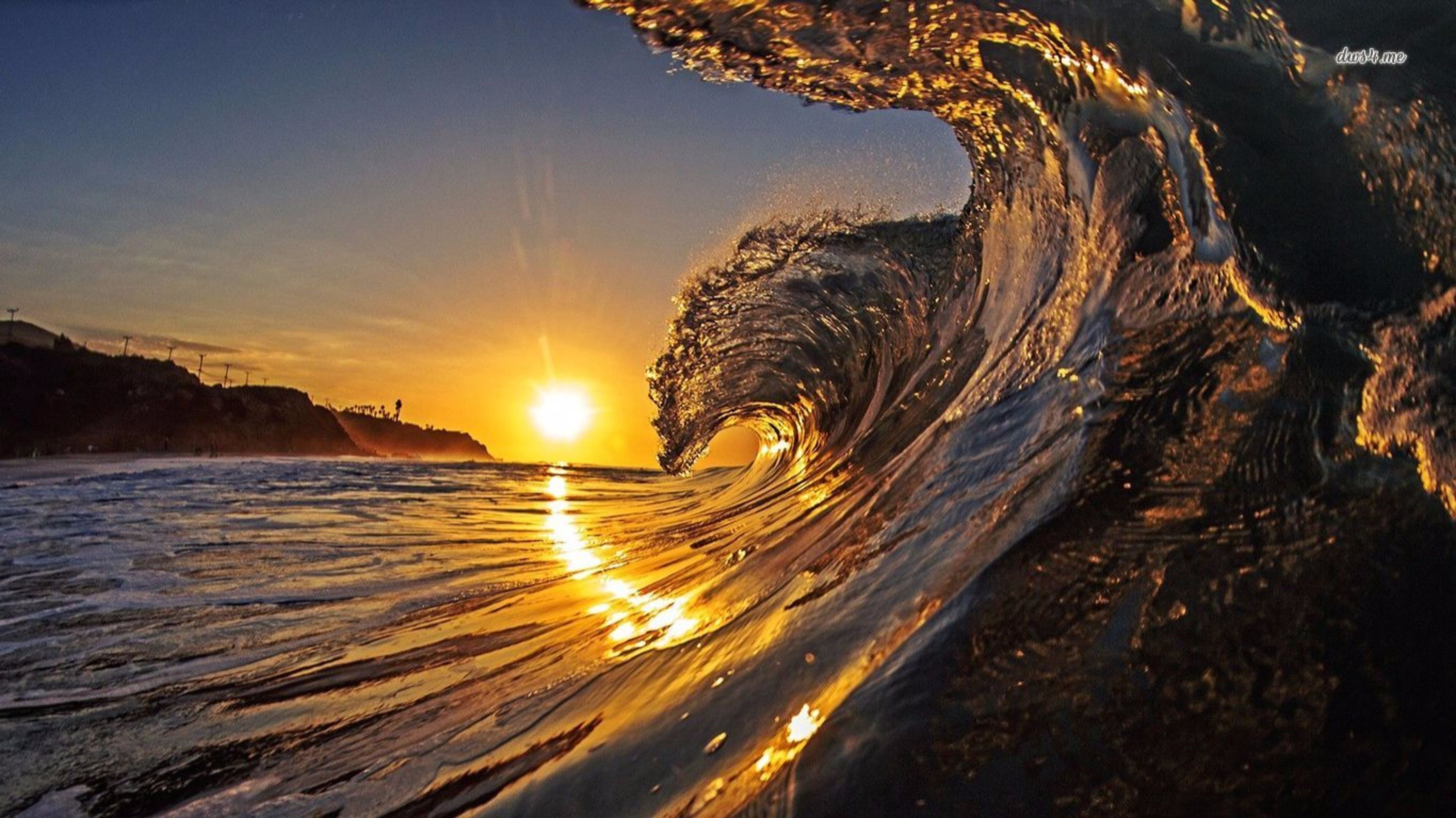 Onda, Tramonto, Mare, Dorato, 4K, sfondo per PC e portatile