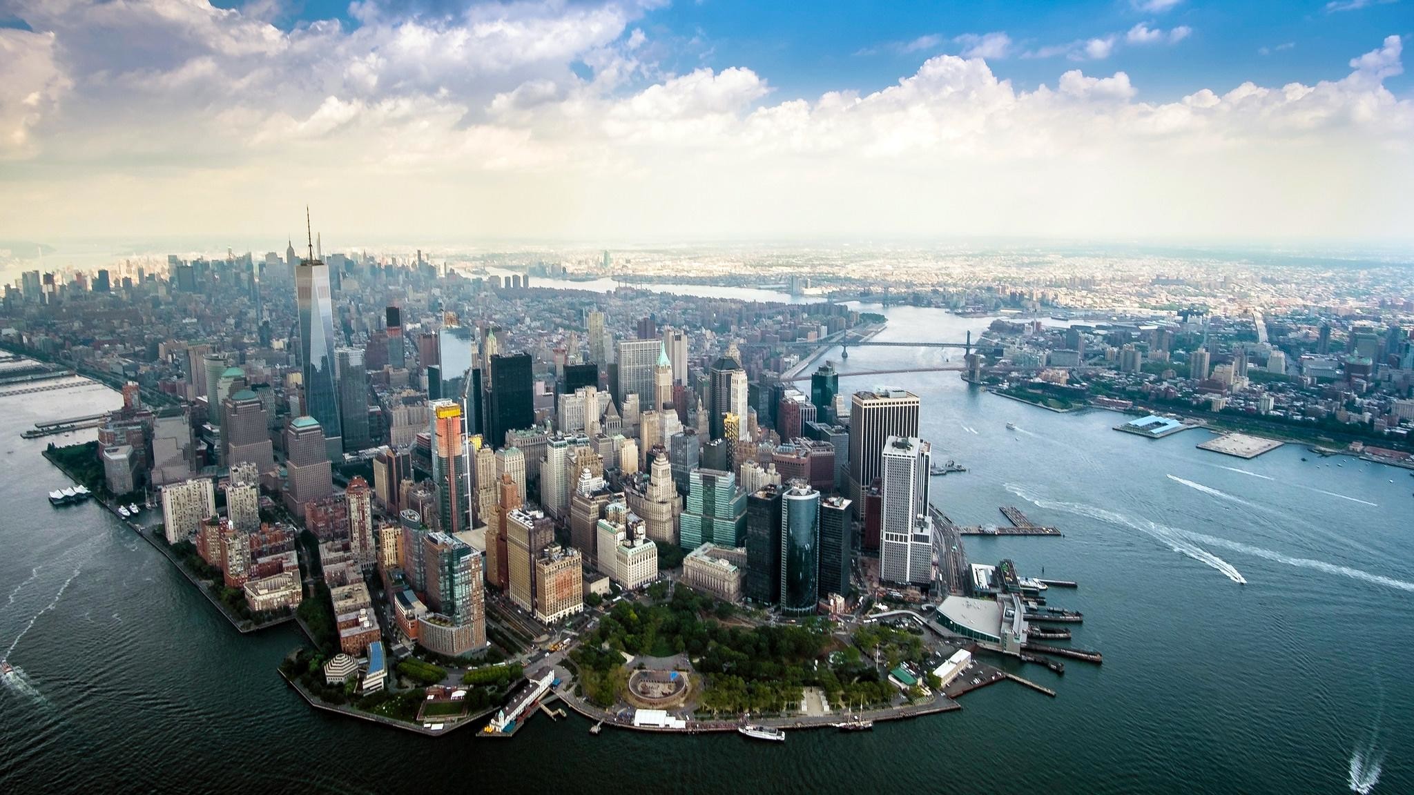 Lower Manhattan, One World Trade Center, Vista aerea, Hudson, 16:9 Full HD, sfondo widescreen