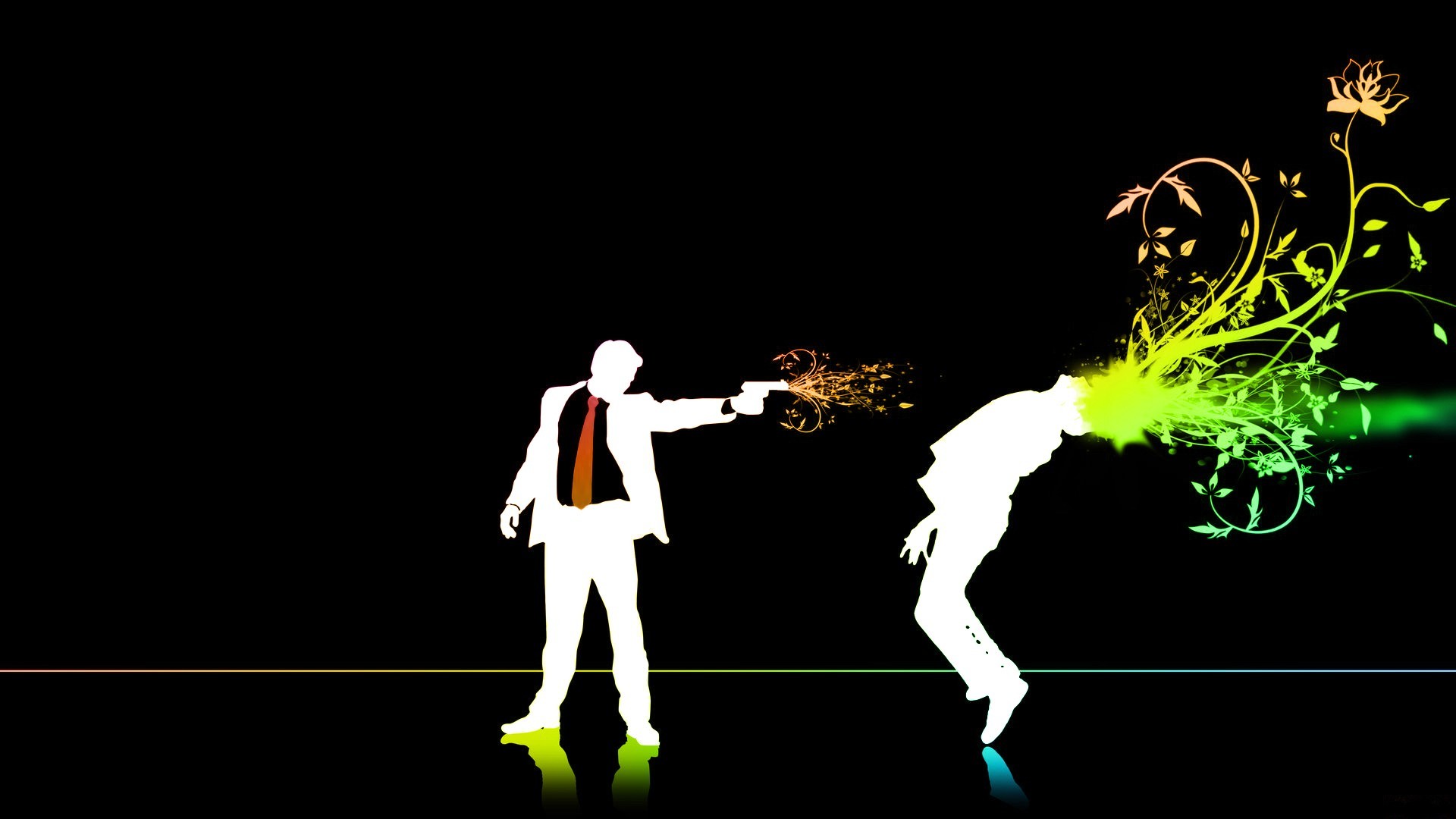 Silhouette, Pistola, Esplosione floreale, Arte vettoriale, Sfondo nero, wallpaper 1920x1080