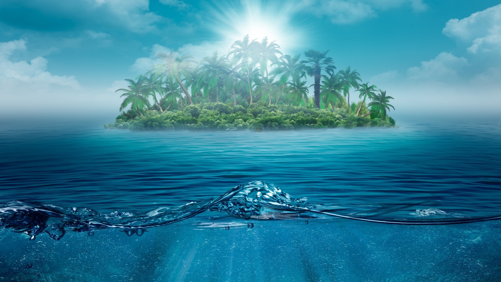 Isola tropicale, Palme, Oceano, Vista sott'acqua, Full HD, sfondo per desktop