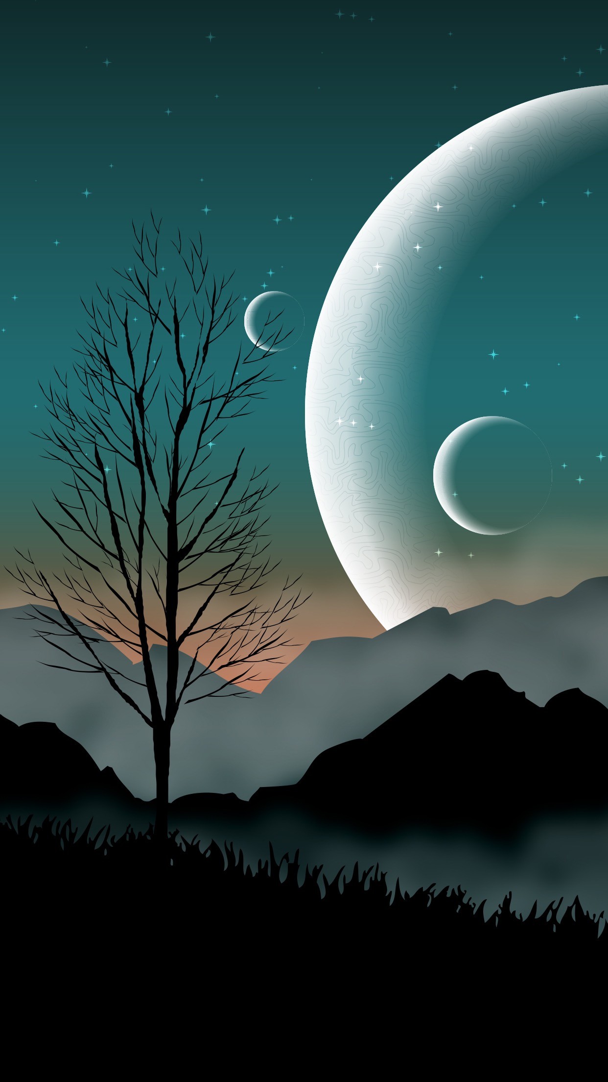 Luna, Albero spoglio, Fantasy, Notte, sfondo schermata di blocco Android