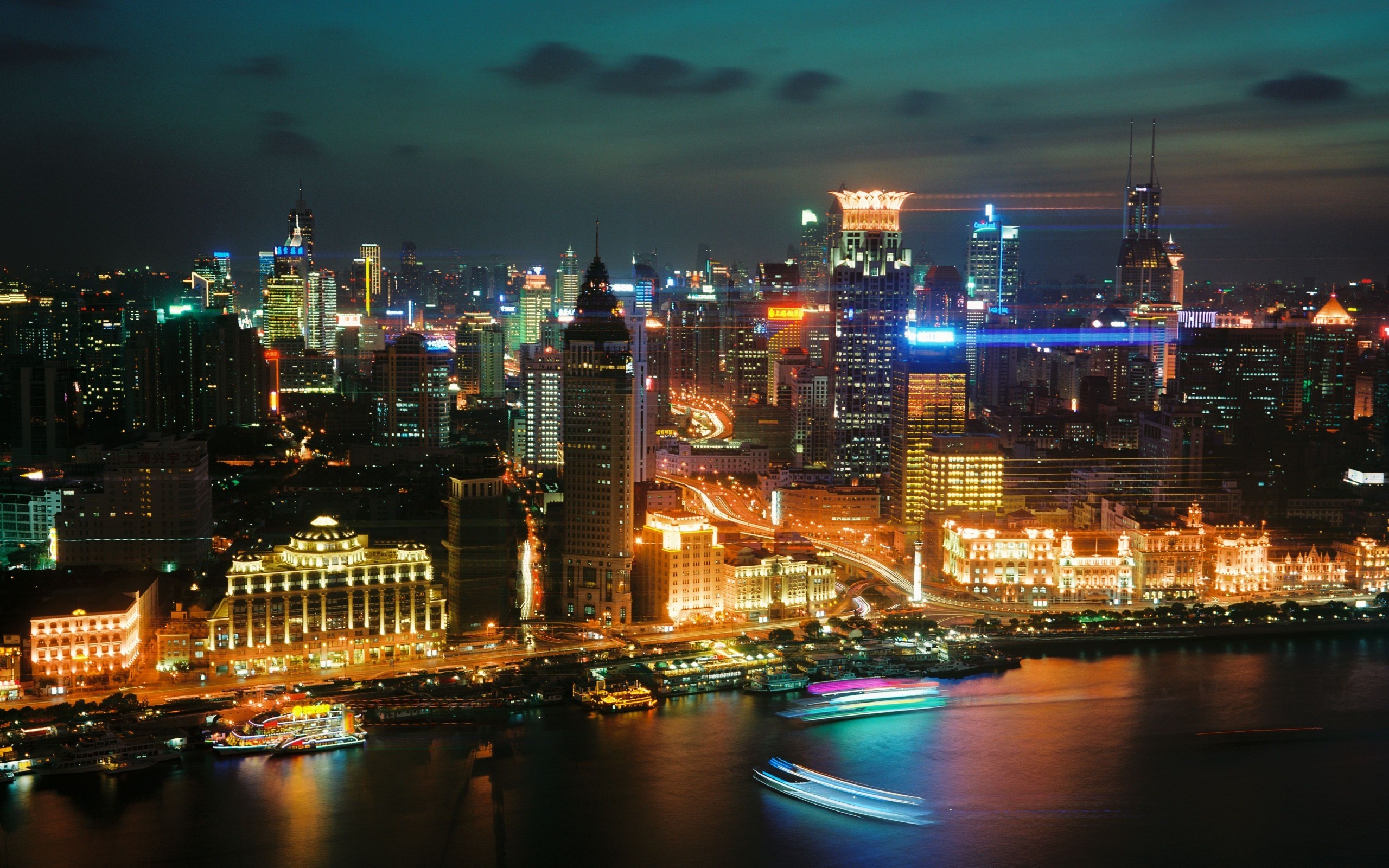 Shanghai, Bund, Fiume Huangpu, Skyline, Notte, 2K, sfondo per portatile