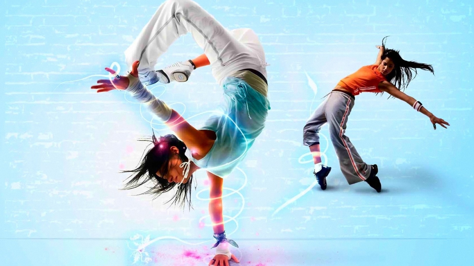 Breakdance, Ballerine, Movimento, Sfondo azzurro, Full HD, wallpaper per portatile