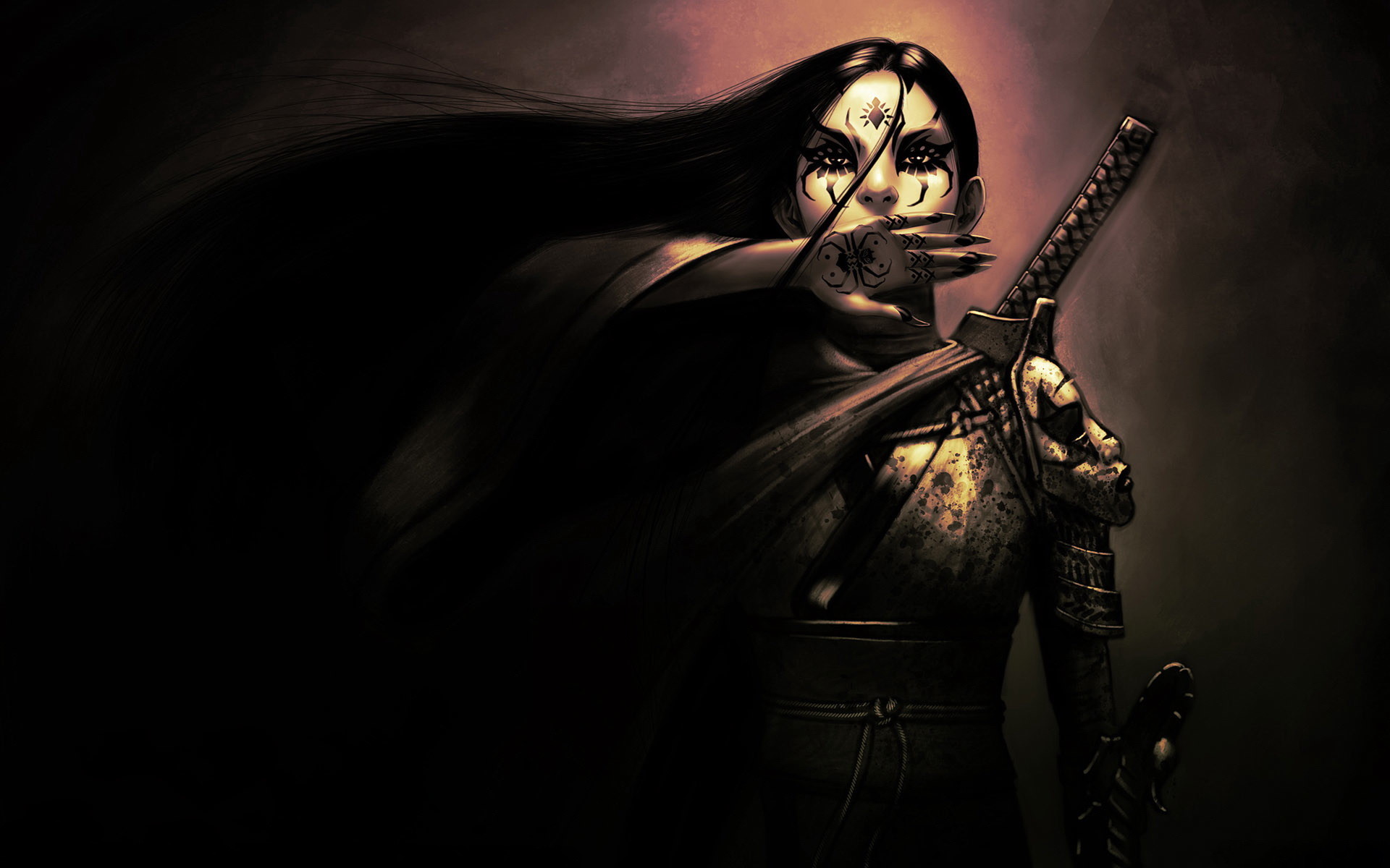 Guerriera, Katana, Capelli lunghi, Sfondo scuro, 16:10 Full HD, wallpaper widescreen