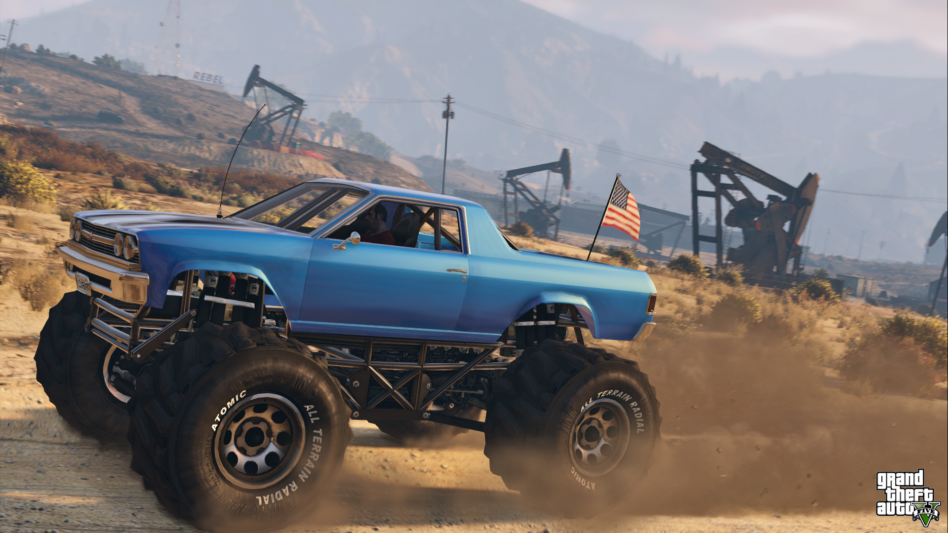 Grand Theft Auto V, Monster truck, Pozzi petroliferi, Deserto, 1920x1080, sfondo per PC