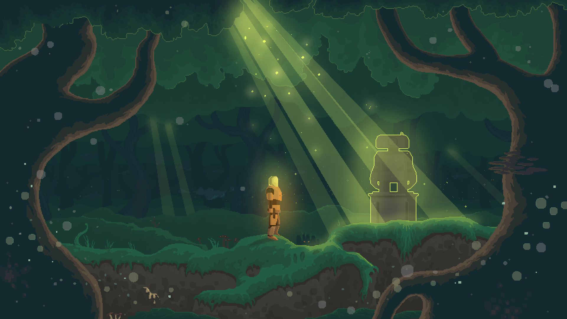 Pixel art, Foresta, Raggi di luce, Toni verdi, 16:9 Full HD, sfondo widescreen