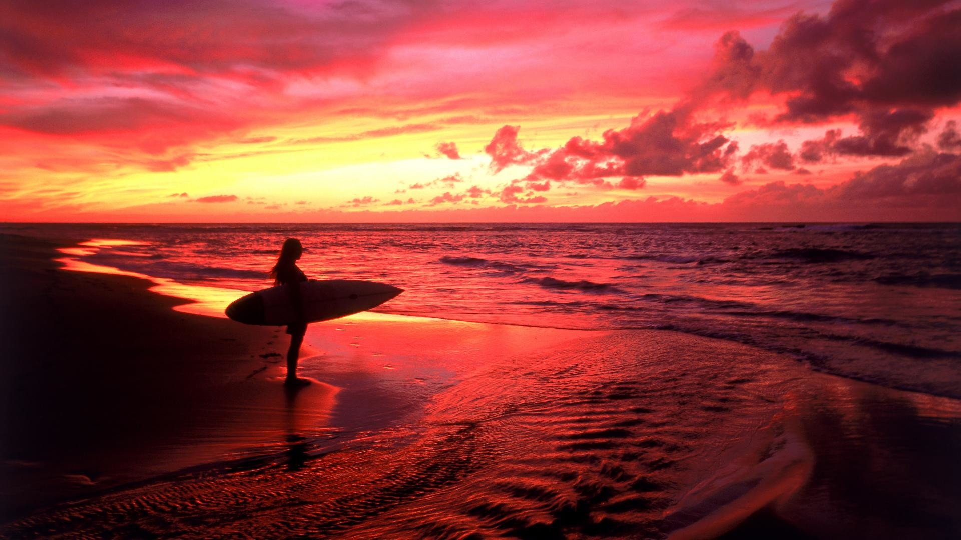 Surfista, Spiaggia, Tramonto, Cielo rosso, 16:9 Full HD, sfondo widescreen