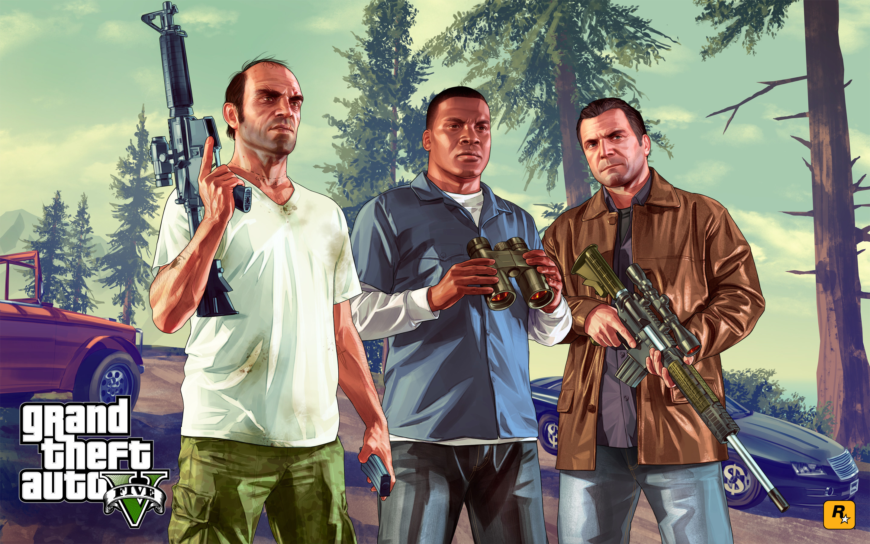Trevor Philips, Franklin Clinton, Michael De Santa, Grand Theft Auto V, Rockstar Games, sfondo 2K