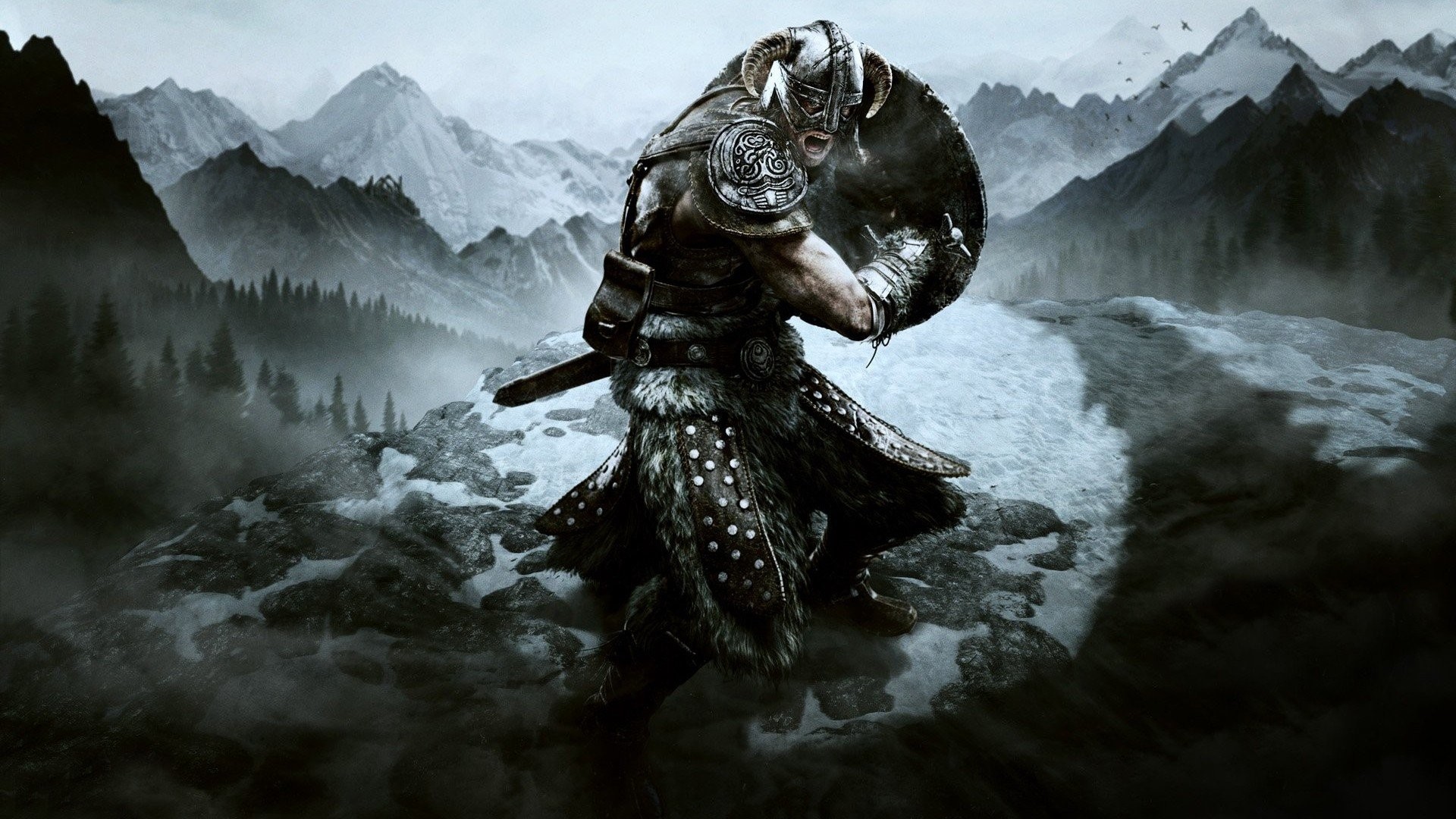 Dovahkiin, The Elder Scrolls V: Skyrim, Elmo di ferro, Montagne innevate, sfondo 1920x1080 per PC