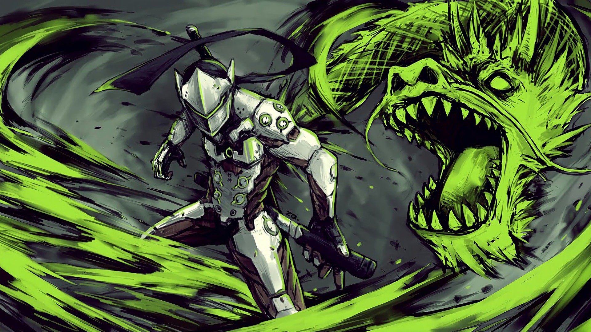 Genji, Overwatch, Drago, Fumetto, Verde, Full HD, sfondo desktop