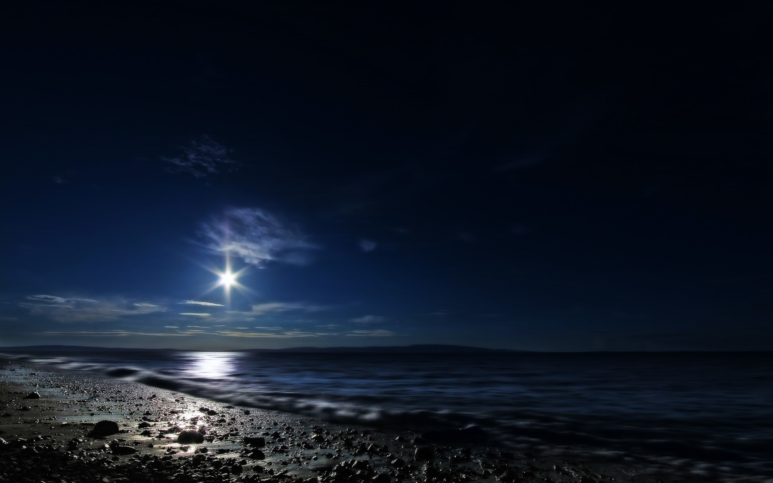 Spiaggia, Luna, Notte, Mare, 2K, sfondo Windows 11